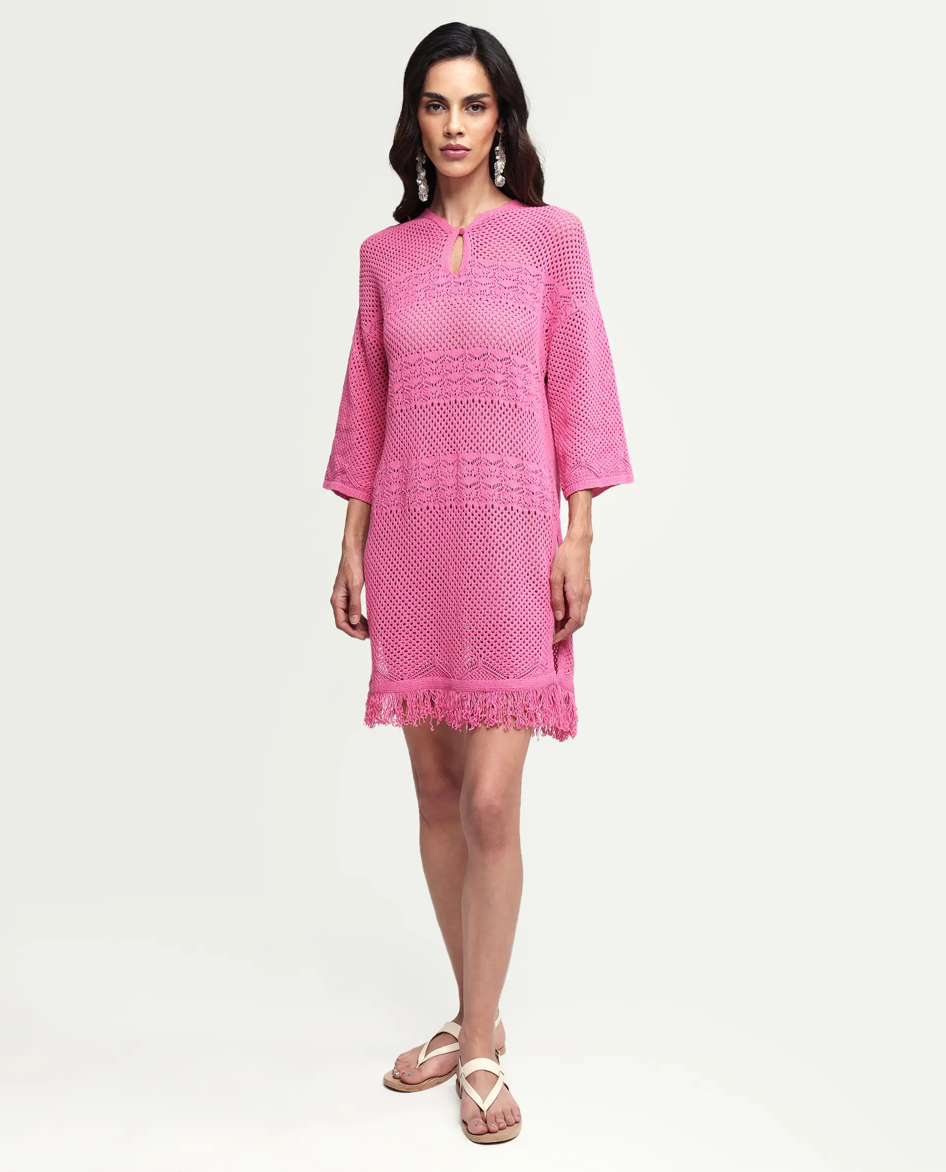Rareism Women's Mitsuko Pink Cotton Key Hole Neck Plain Knee Length Relaxed Fit Dress - Image 3