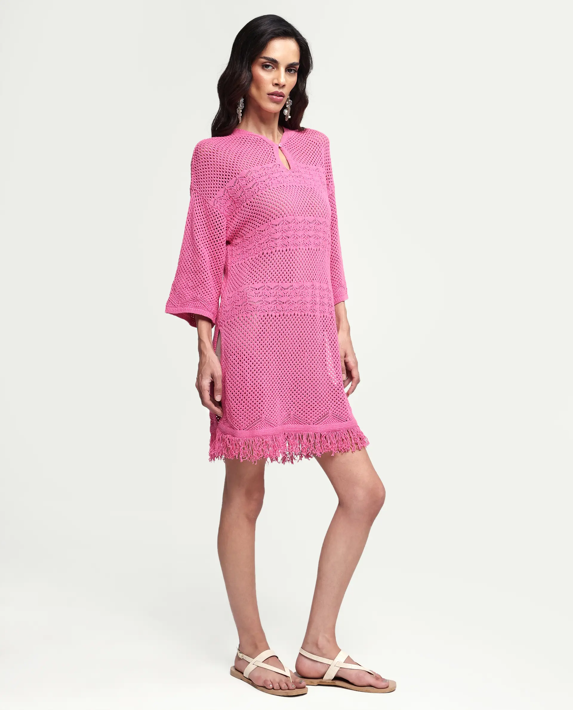 Rareism Women's Mitsuko Pink Cotton Key Hole Neck Plain Knee Length Relaxed Fit Dress - Image 5