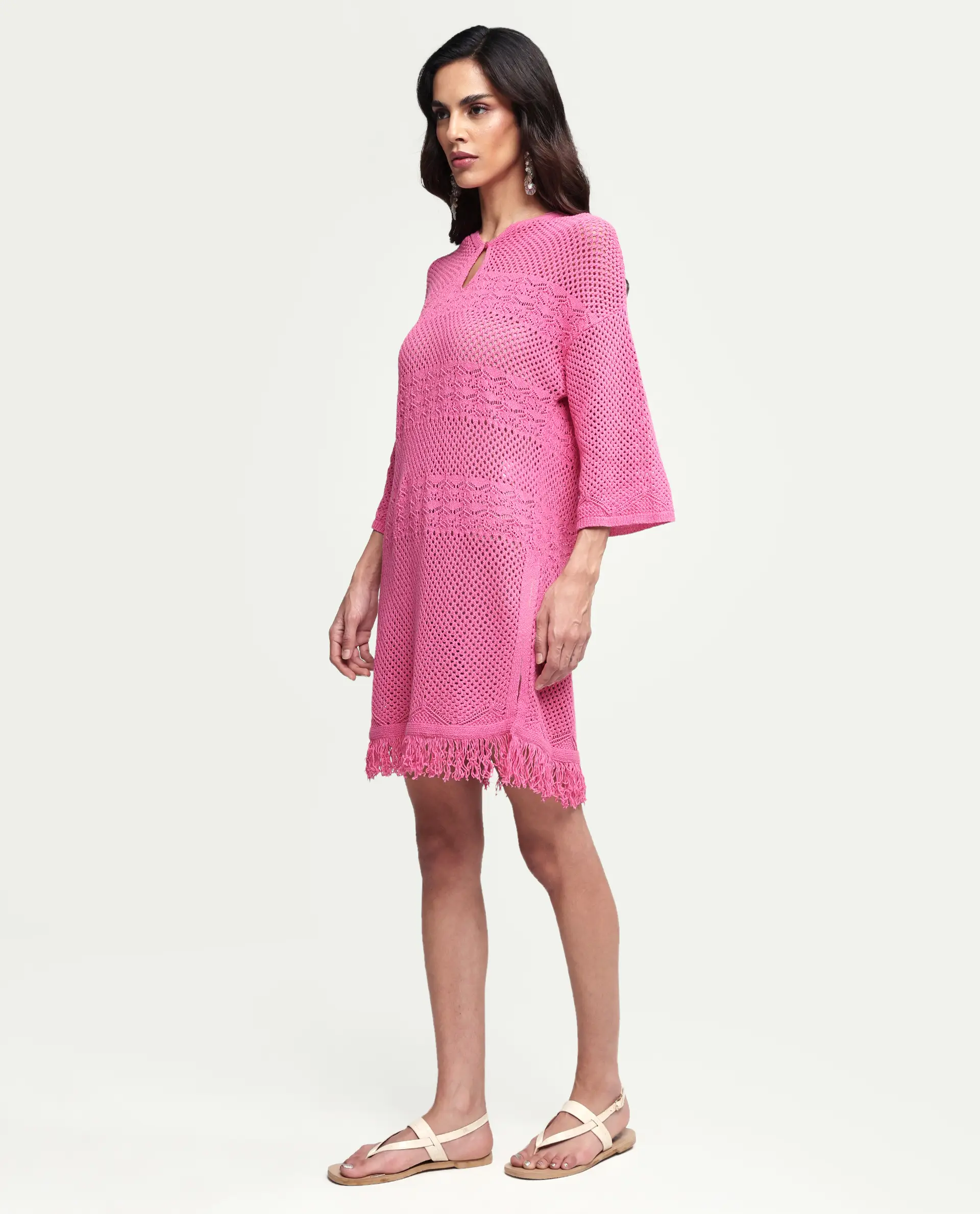 Rareism Women's Mitsuko Pink Cotton Key Hole Neck Plain Knee Length Relaxed Fit Dress - Image 6