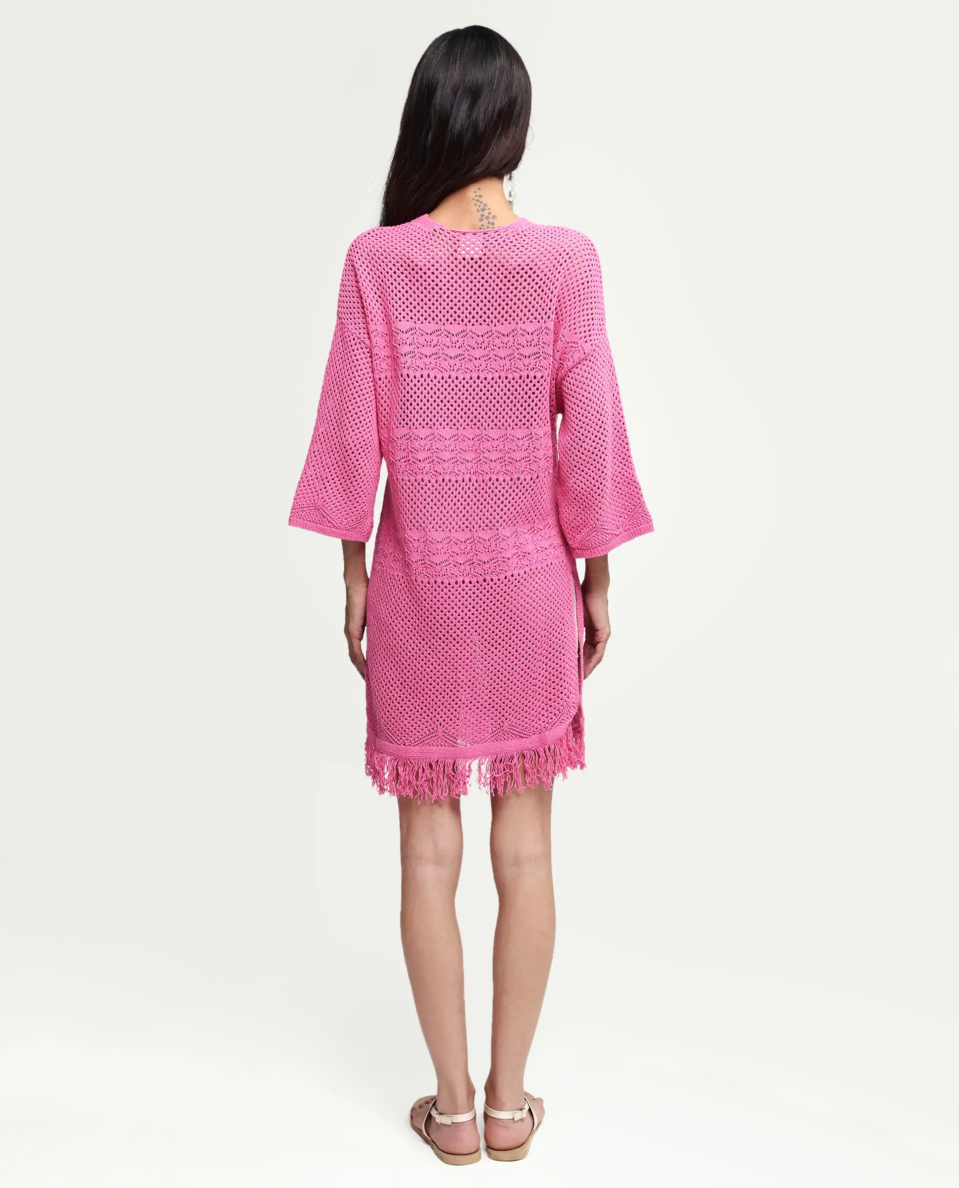 Rareism Women's Mitsuko Pink Cotton Key Hole Neck Plain Knee Length Relaxed Fit Dress - Image 7