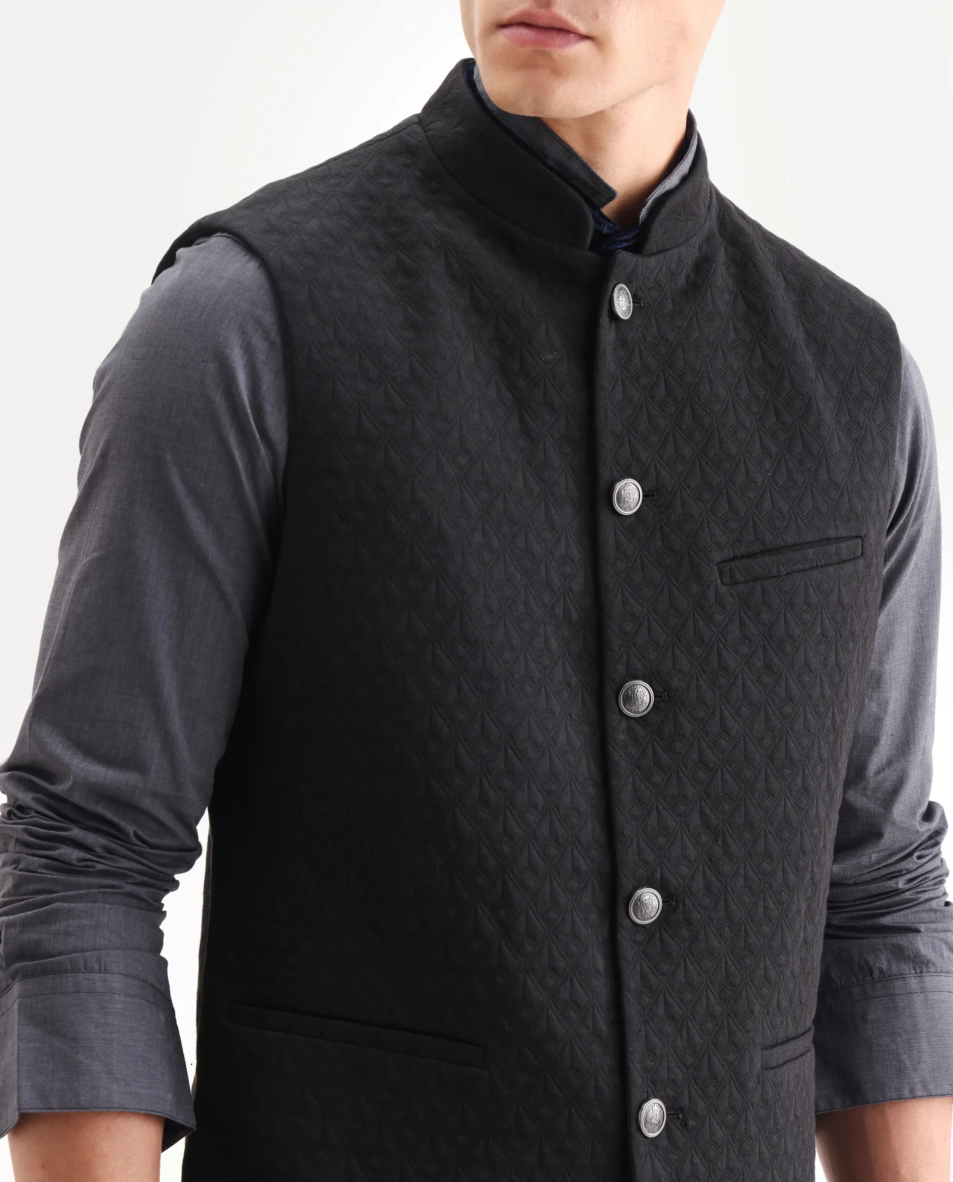 Rare Rabbit Men's Mitzi Black Cotton Jacquard Tailored Fit Sleeveless Mandarin Collar Bandhgala Rare Rabbit Men's Lasmos-B1 Beige Viscose Embroidered Regular Fit Sleeveless Mandarin Collar Bandhgala Nehru Jacket - Image 3
