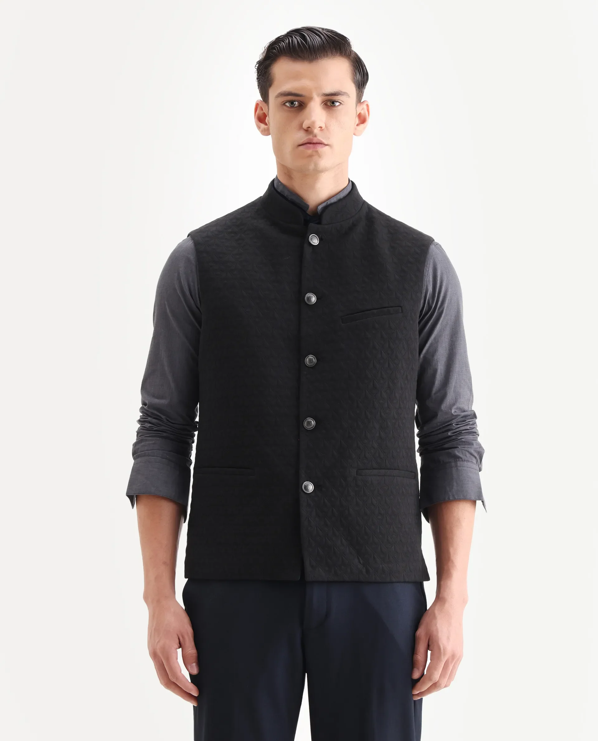 Rare Rabbit Men's Mitzi Black Cotton Jacquard Tailored Fit Sleeveless Mandarin Collar Bandhgala Rare Rabbit Men's Lasmos-B1 Beige Viscose Embroidered Regular Fit Sleeveless Mandarin Collar Bandhgala Nehru Jacket - Image 4
