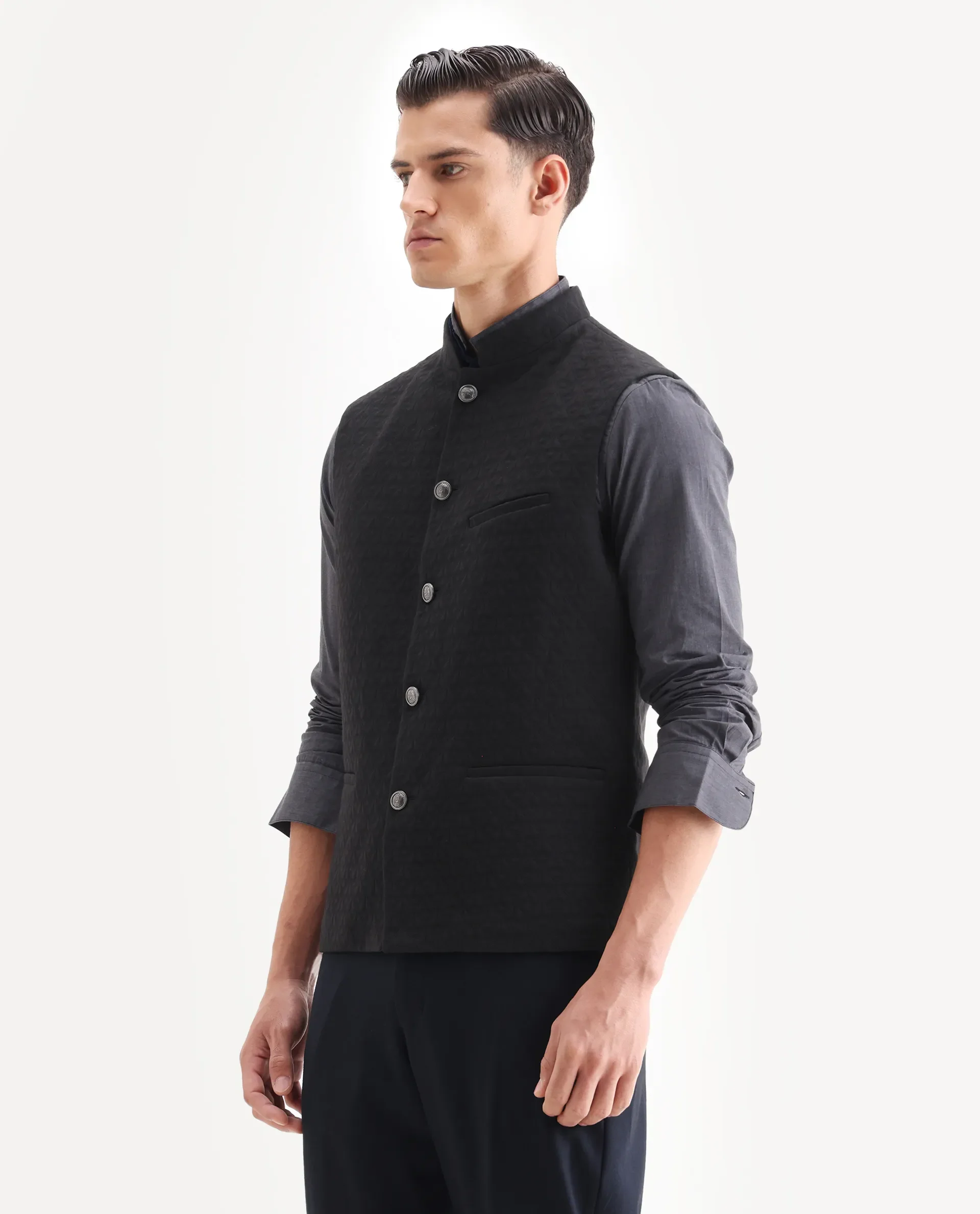 Rare Rabbit Men's Mitzi Black Cotton Jacquard Tailored Fit Sleeveless Mandarin Collar Bandhgala Rare Rabbit Men's Lasmos-B1 Beige Viscose Embroidered Regular Fit Sleeveless Mandarin Collar Bandhgala Nehru Jacket - Image 5
