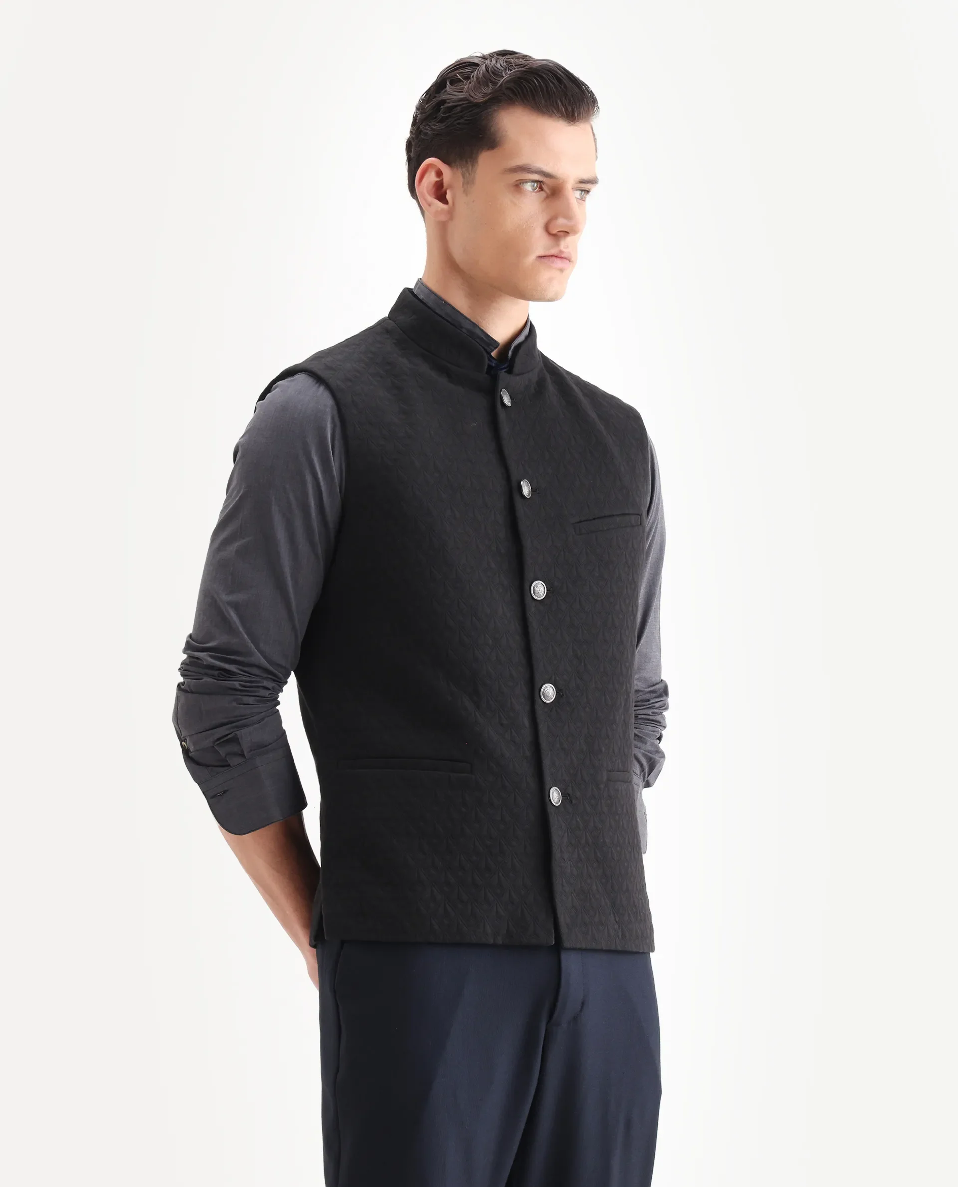 Rare Rabbit Men's Mitzi Black Cotton Jacquard Tailored Fit Sleeveless Mandarin Collar Bandhgala Rare Rabbit Men's Lasmos-B1 Beige Viscose Embroidered Regular Fit Sleeveless Mandarin Collar Bandhgala Nehru Jacket - Image 6