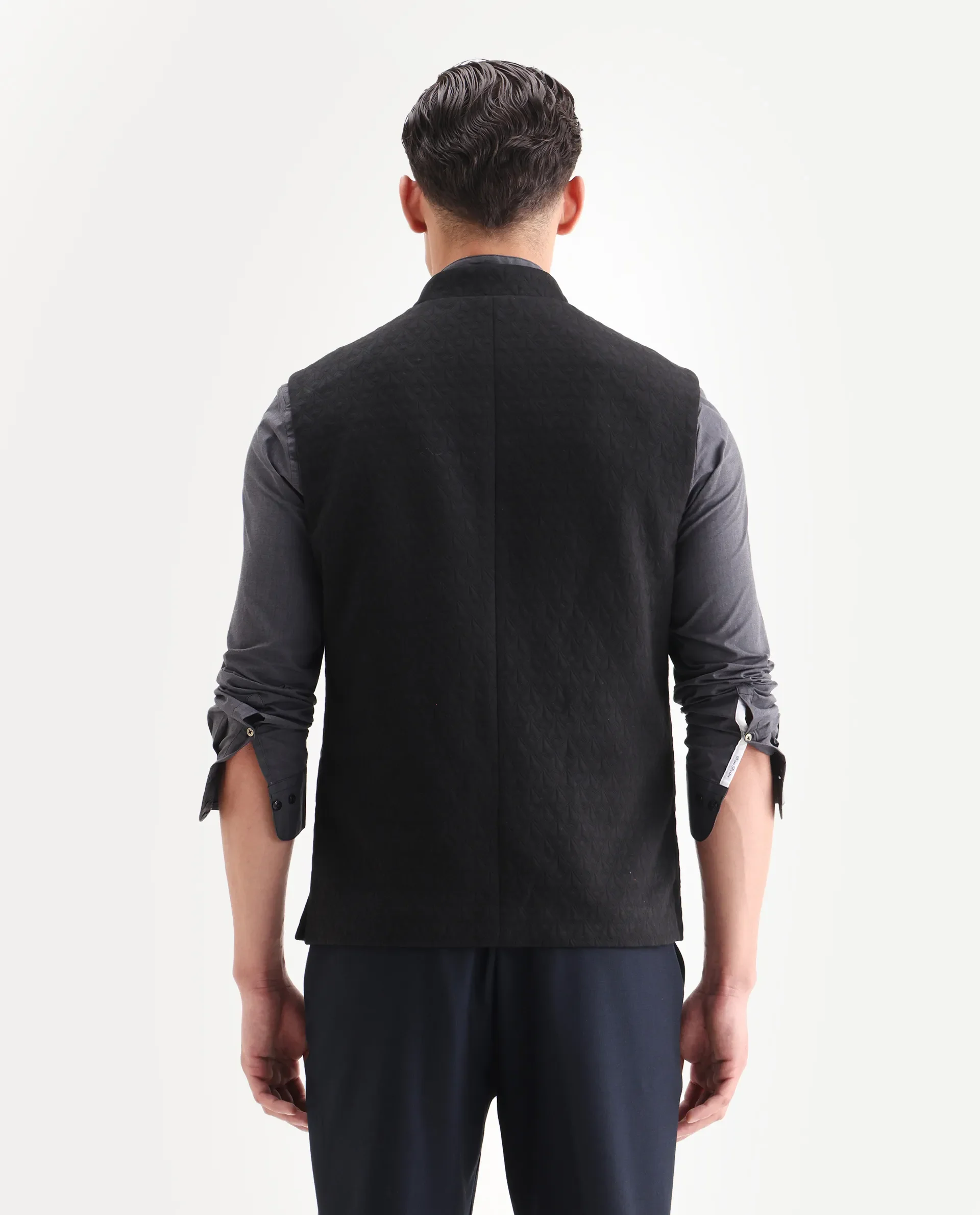 Rare Rabbit Men's Mitzi Black Cotton Jacquard Tailored Fit Sleeveless Mandarin Collar Bandhgala Rare Rabbit Men's Lasmos-B1 Beige Viscose Embroidered Regular Fit Sleeveless Mandarin Collar Bandhgala Nehru Jacket - Image 7