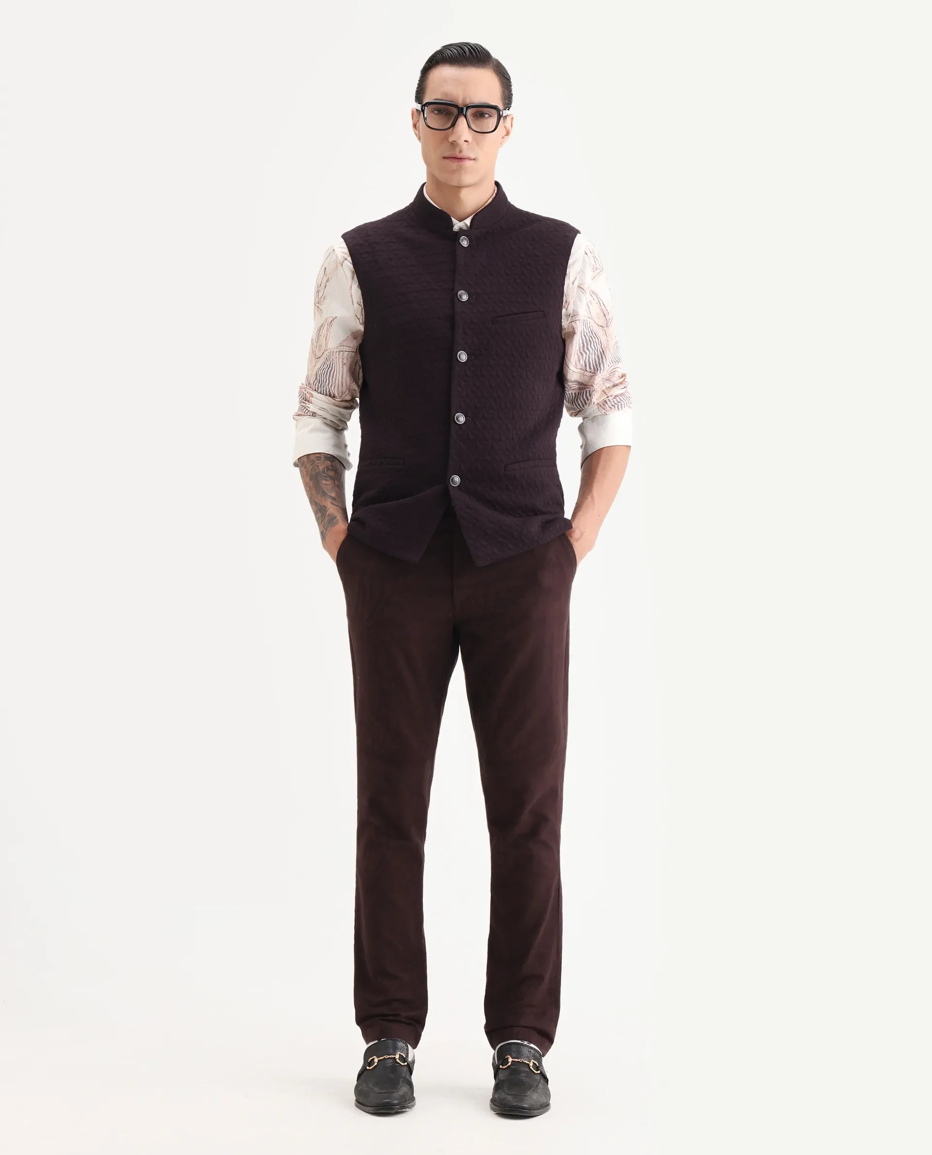 Rare Rabbit Men's Mitzi Dark Maroon Cotton Jacquard Tailored Fit Sleeveless Mandarin Collar Bandhgala Rare Rabbit Men's Lasmos-B1 Beige Viscose Embroidered Regular Fit Sleeveless Mandarin Collar Bandhgala Nehru Jacket - Image 2