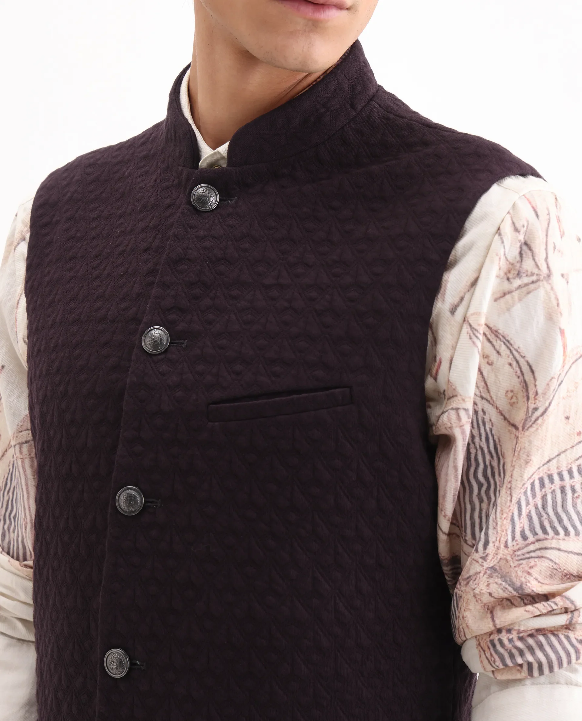 Rare Rabbit Men's Mitzi Dark Maroon Cotton Jacquard Tailored Fit Sleeveless Mandarin Collar Bandhgala Rare Rabbit Men's Lasmos-B1 Beige Viscose Embroidered Regular Fit Sleeveless Mandarin Collar Bandhgala Nehru Jacket - Image 3