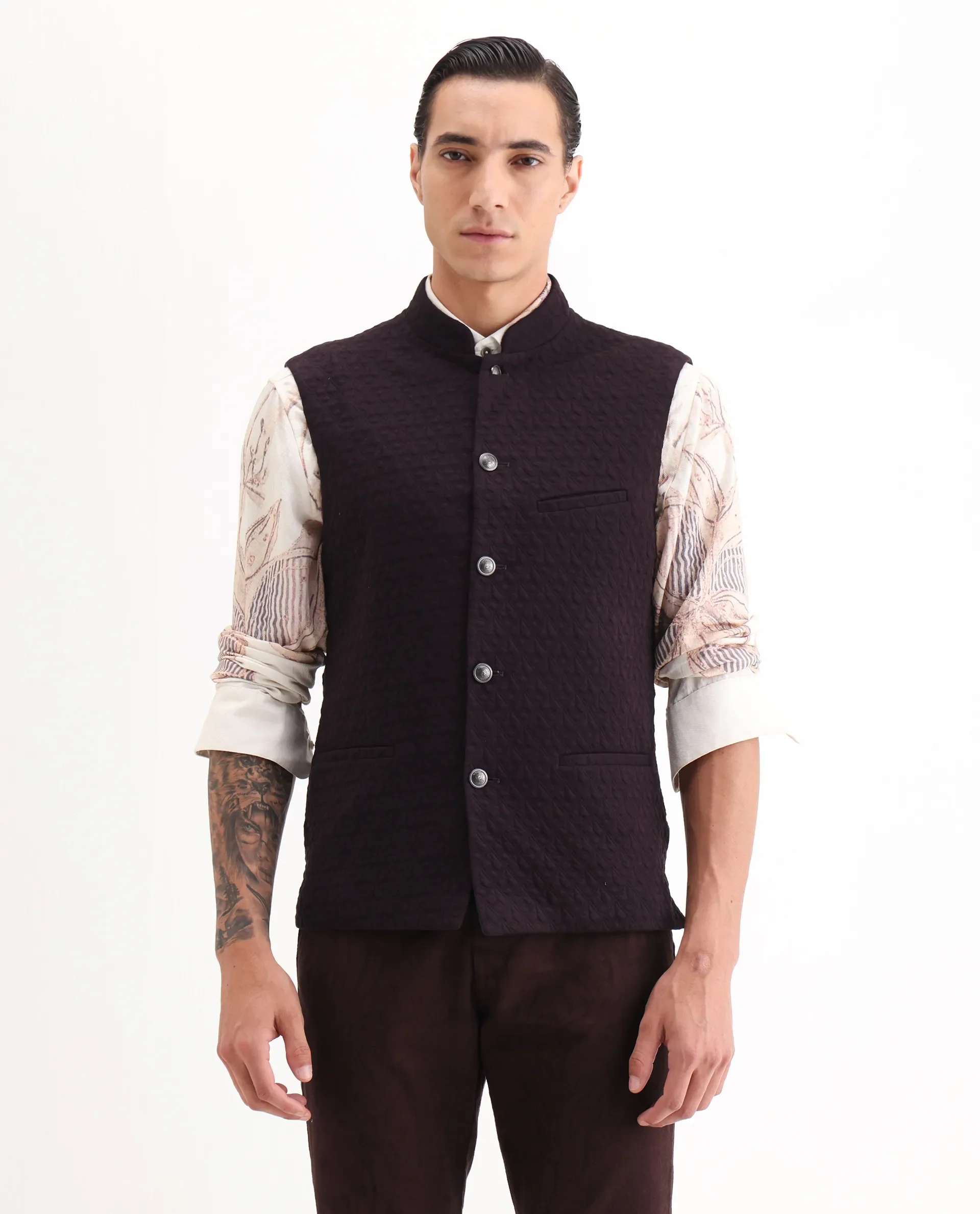 Rare Rabbit Men's Mitzi Dark Maroon Cotton Jacquard Tailored Fit Sleeveless Mandarin Collar Bandhgala Rare Rabbit Men's Lasmos-B1 Beige Viscose Embroidered Regular Fit Sleeveless Mandarin Collar Bandhgala Nehru Jacket - Image 4