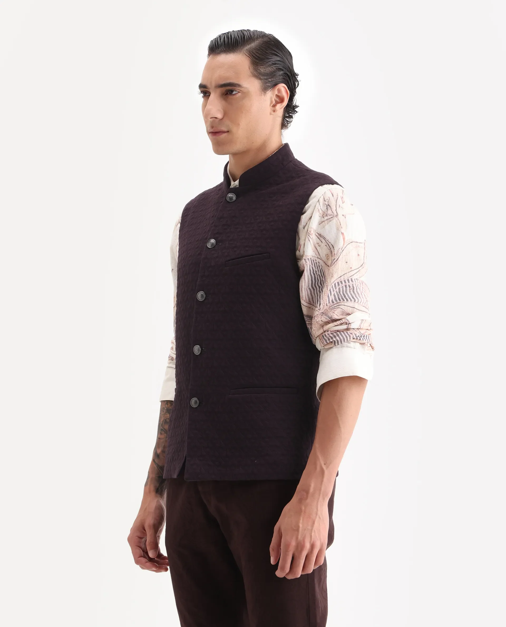Rare Rabbit Men's Mitzi Dark Maroon Cotton Jacquard Tailored Fit Sleeveless Mandarin Collar Bandhgala Rare Rabbit Men's Lasmos-B1 Beige Viscose Embroidered Regular Fit Sleeveless Mandarin Collar Bandhgala Nehru Jacket - Image 5