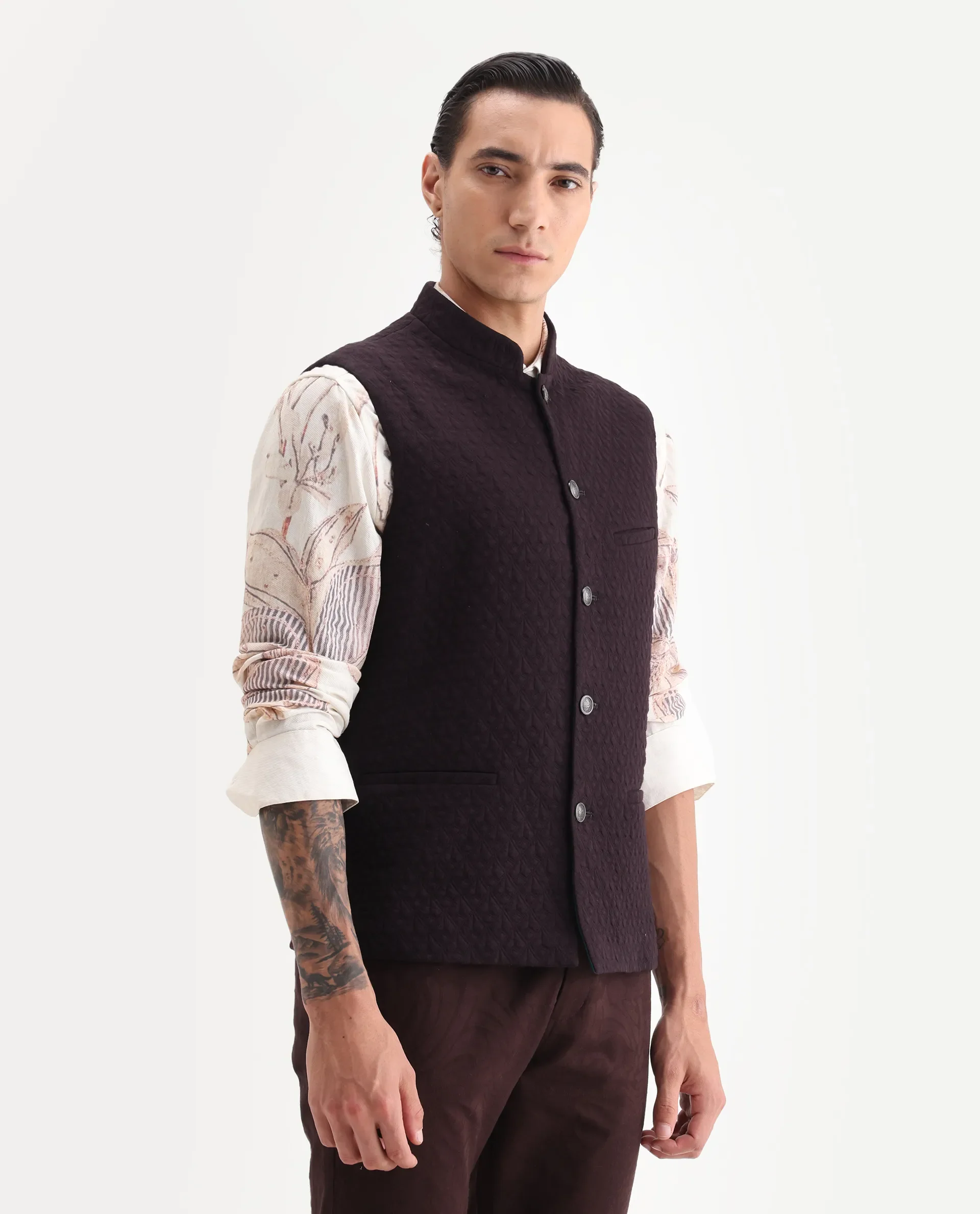 Rare Rabbit Men's Mitzi Dark Maroon Cotton Jacquard Tailored Fit Sleeveless Mandarin Collar Bandhgala Rare Rabbit Men's Lasmos-B1 Beige Viscose Embroidered Regular Fit Sleeveless Mandarin Collar Bandhgala Nehru Jacket - Image 6