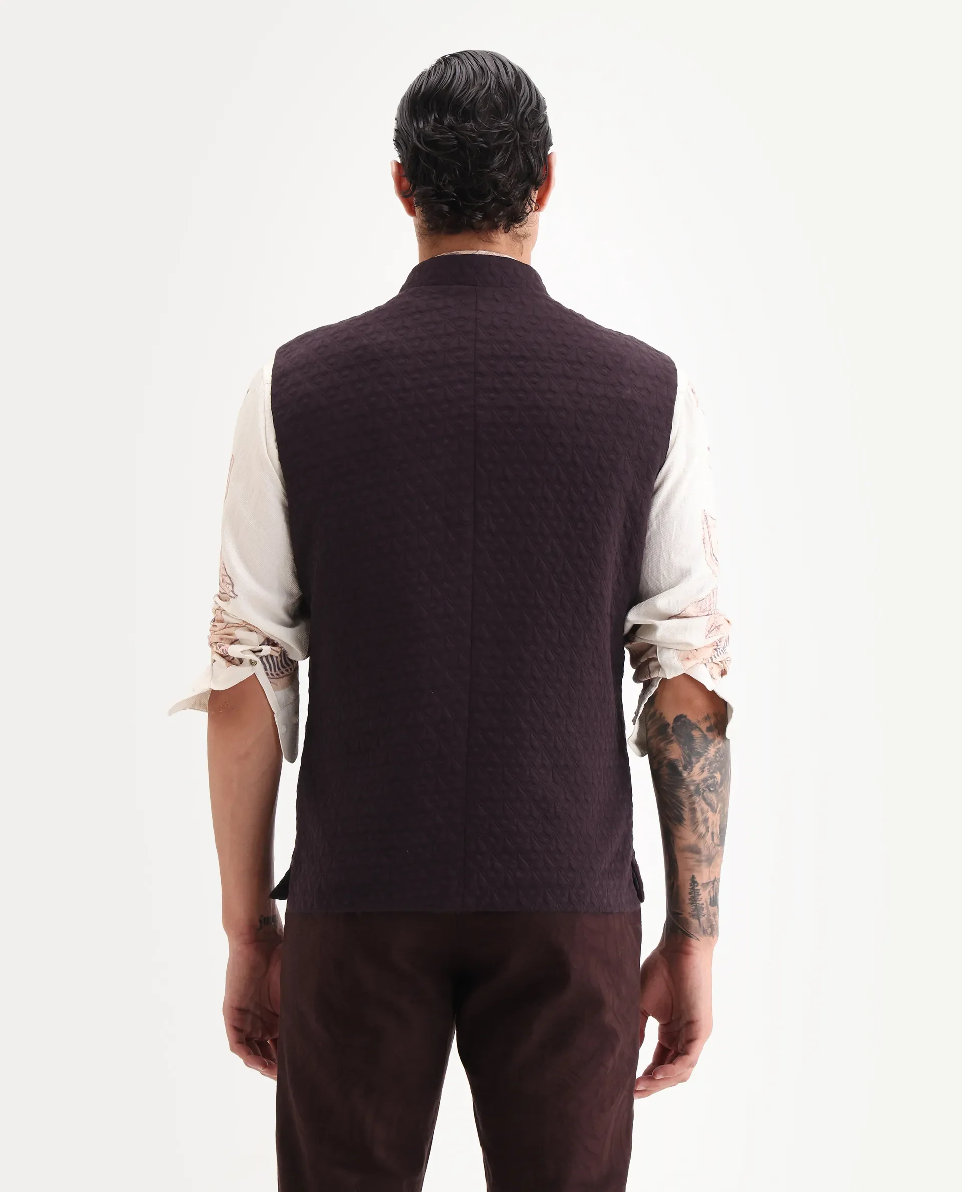 Rare Rabbit Men's Mitzi Dark Maroon Cotton Jacquard Tailored Fit Sleeveless Mandarin Collar Bandhgala Rare Rabbit Men's Lasmos-B1 Beige Viscose Embroidered Regular Fit Sleeveless Mandarin Collar Bandhgala Nehru Jacket - Image 7