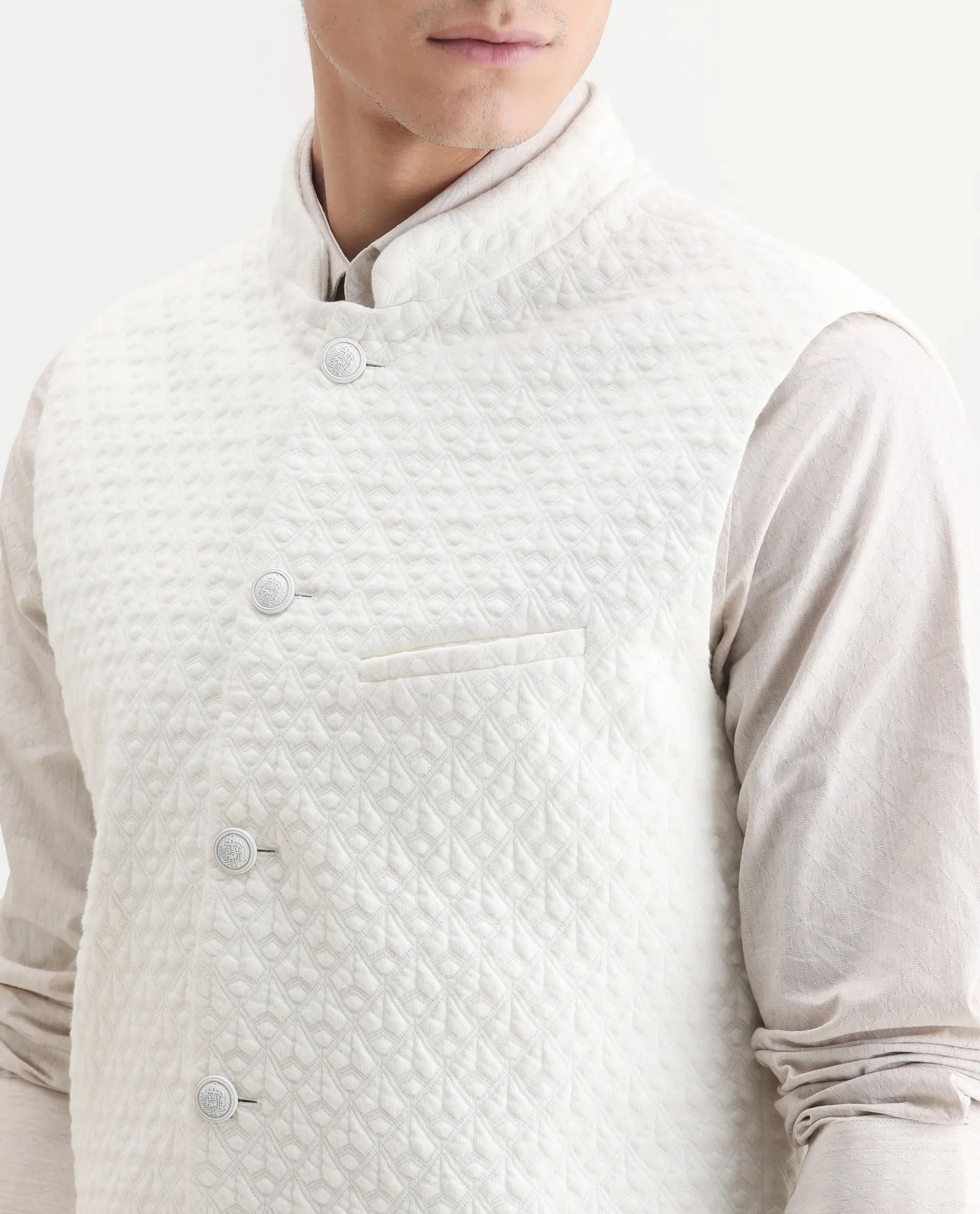Rare Rabbit Men's Mitzi Off White Cotton Jacquard Tailored Fit Sleeveless Mandarin Collar Bandhgala - Image 2