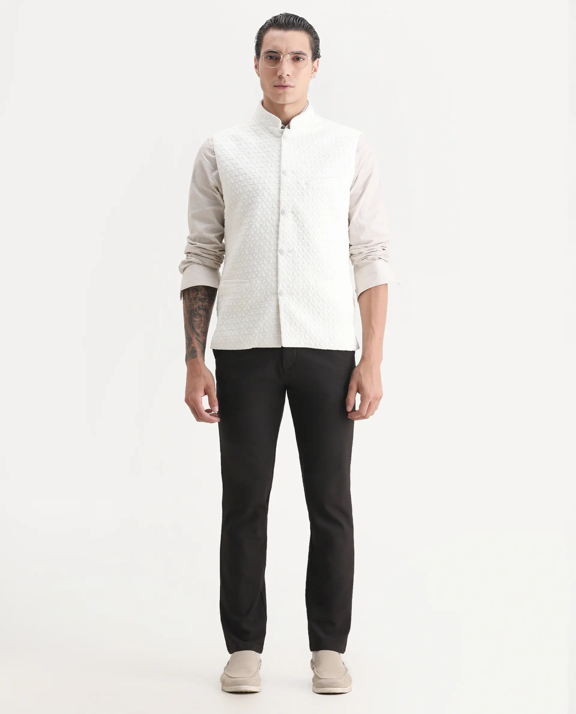 Rare Rabbit Men's Mitzi Off White Cotton Jacquard Tailored Fit Sleeveless Mandarin Collar Bandhgala - Image 3