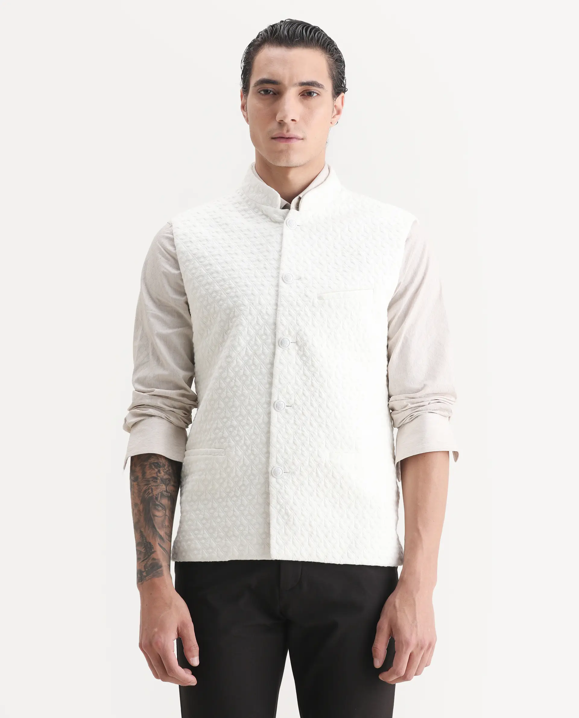 Rare Rabbit Men's Mitzi Off White Cotton Jacquard Tailored Fit Sleeveless Mandarin Collar Bandhgala - Image 4