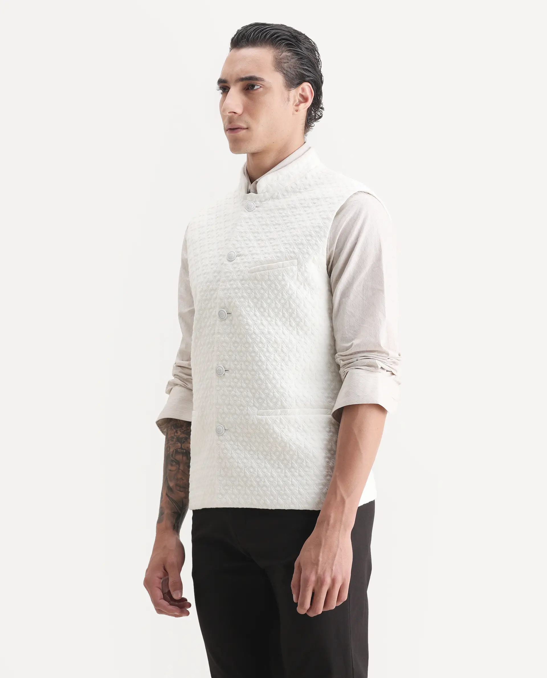 Rare Rabbit Men's Mitzi Off White Cotton Jacquard Tailored Fit Sleeveless Mandarin Collar Bandhgala - Image 5