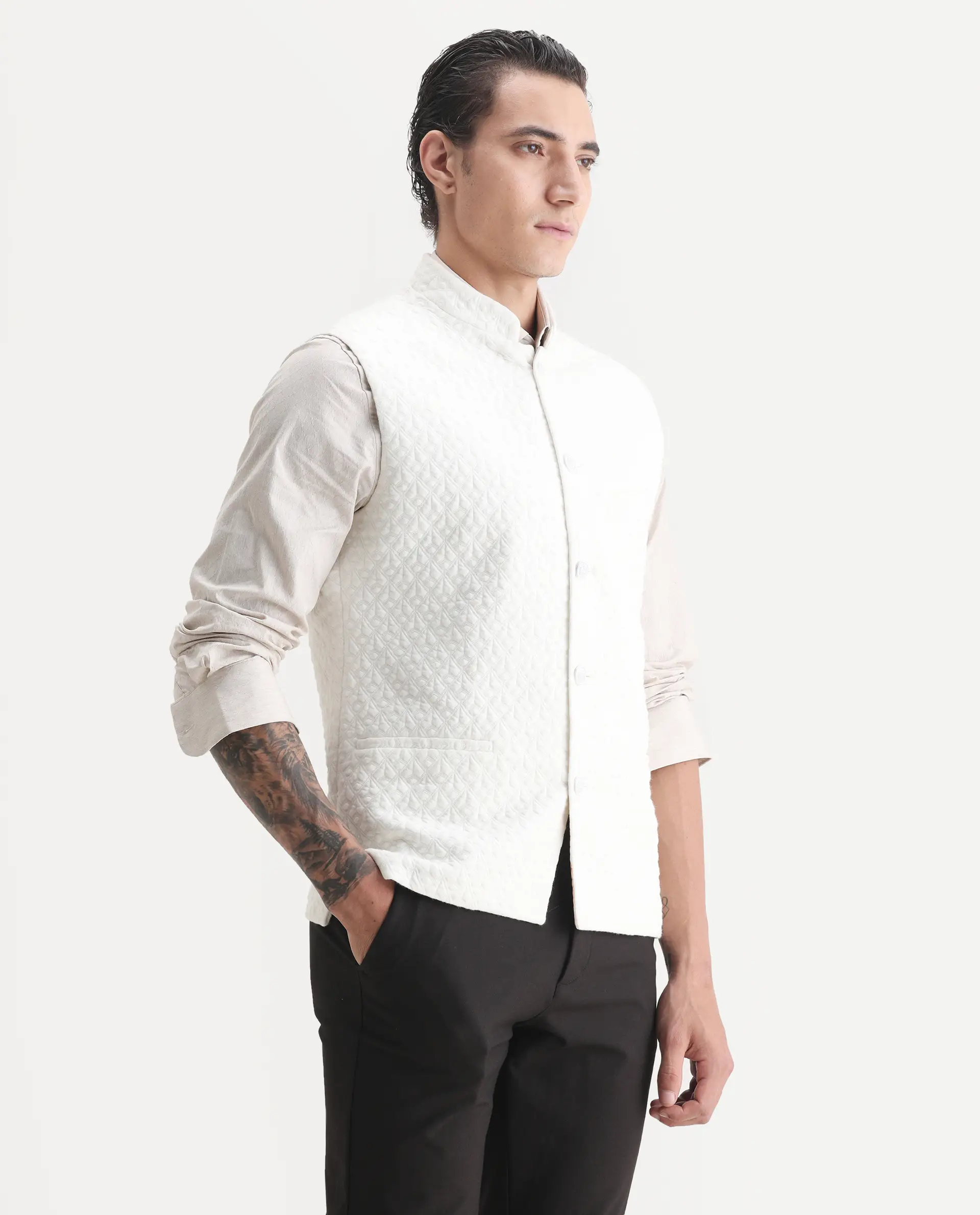 Rare Rabbit Men's Mitzi Off White Cotton Jacquard Tailored Fit Sleeveless Mandarin Collar Bandhgala - Image 6