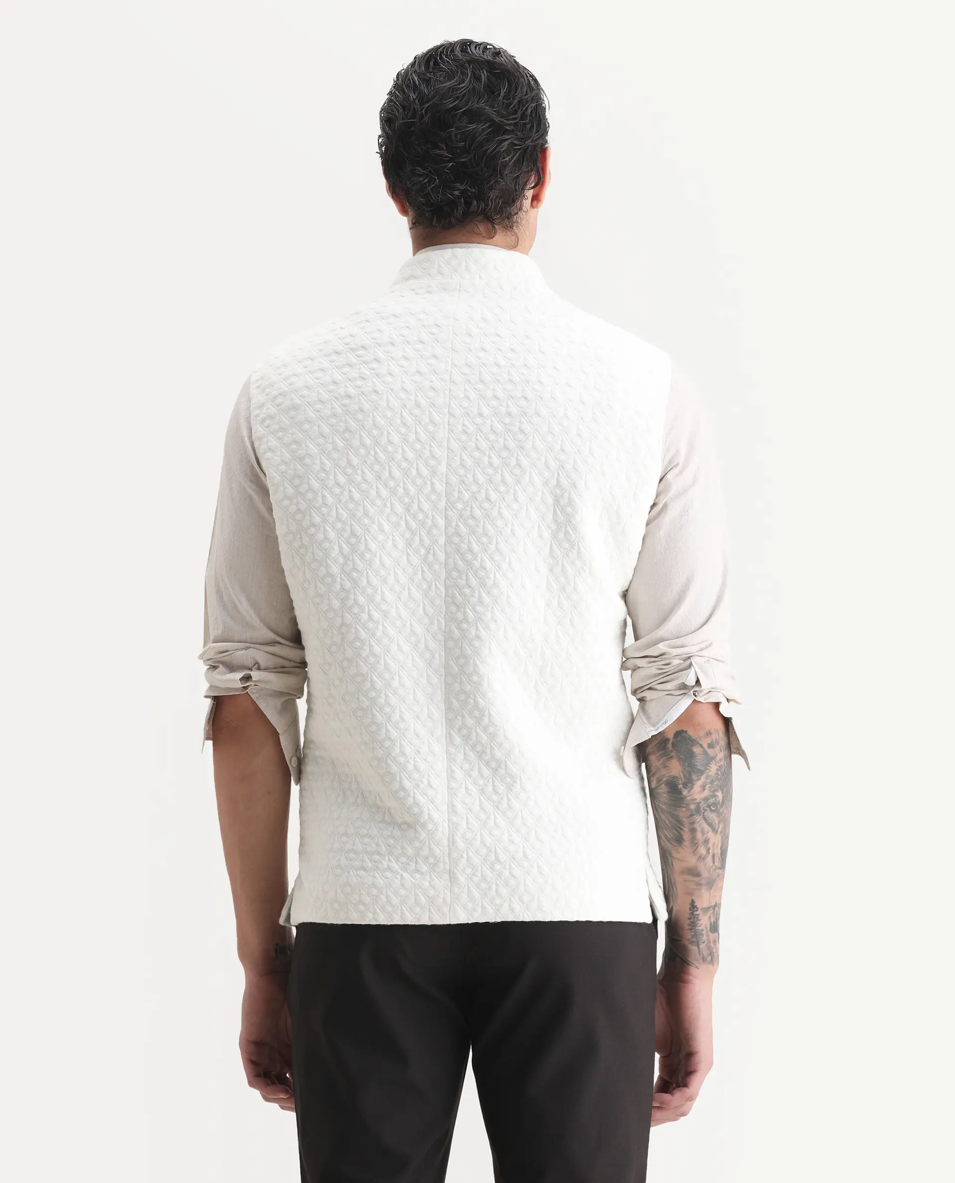 Rare Rabbit Men's Mitzi Off White Cotton Jacquard Tailored Fit Sleeveless Mandarin Collar Bandhgala - Image 7