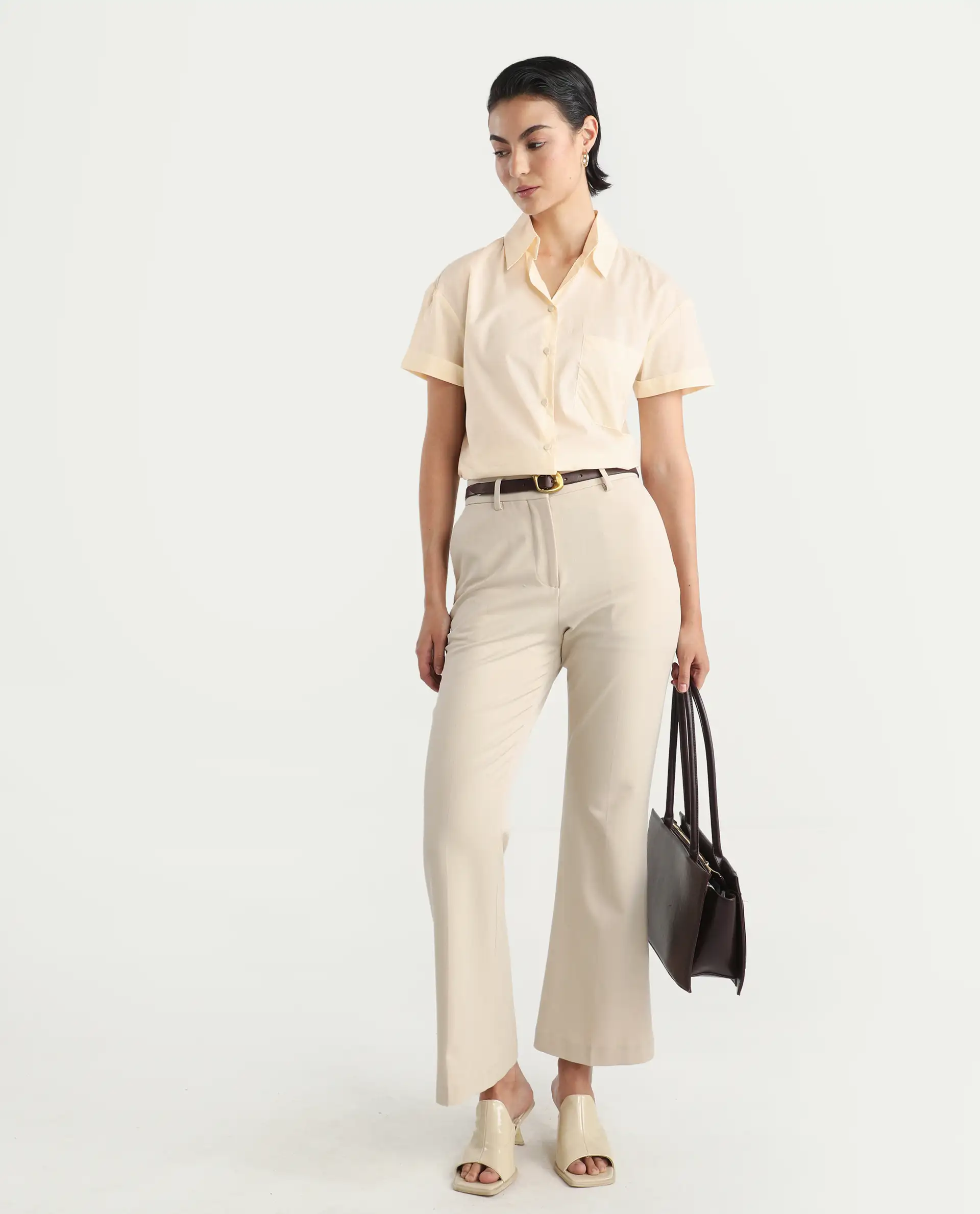 Rareism Women's Mium Beige Cotton Drop Collar Geometric Print Regular Fit Shirt - Image 2