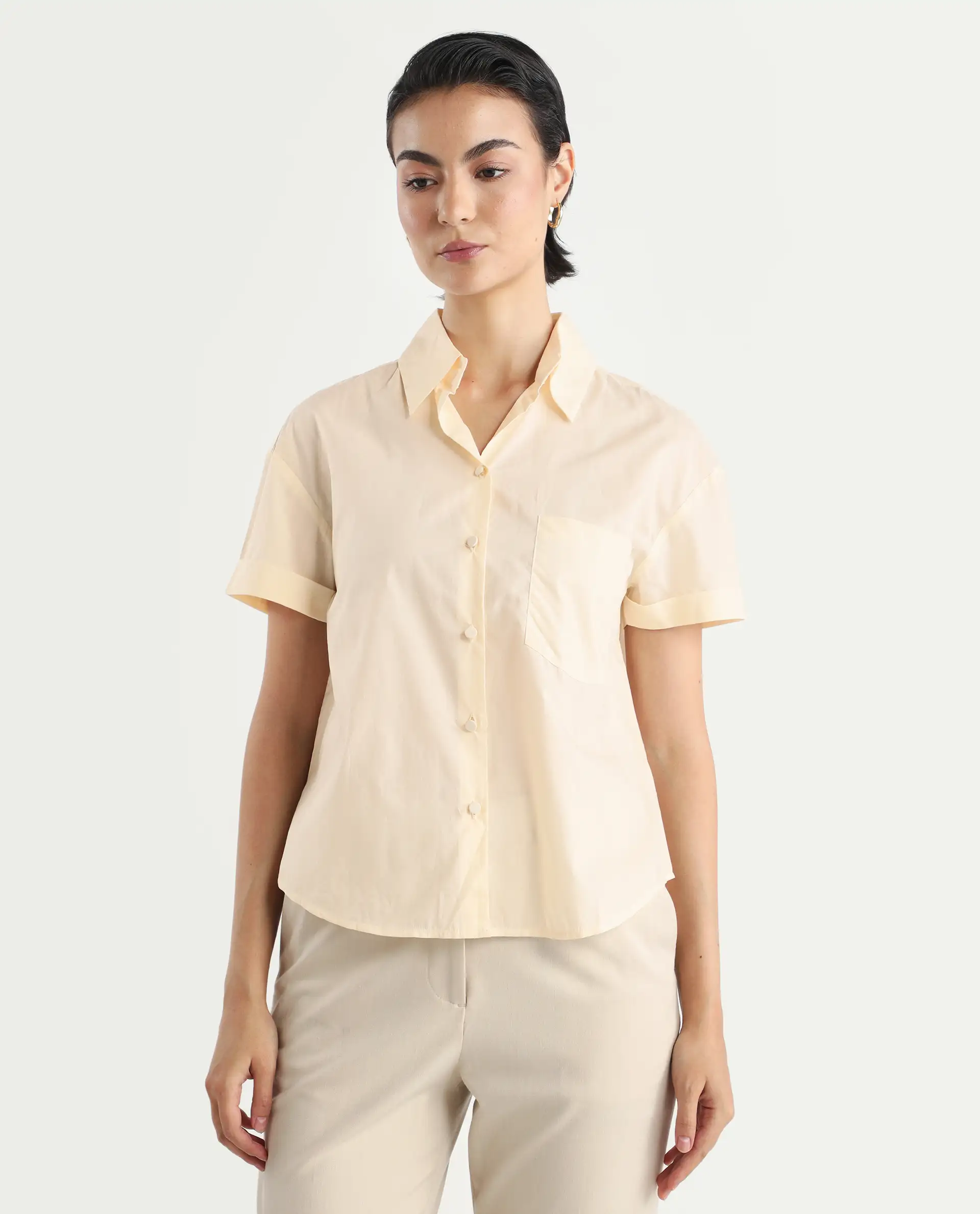 Rareism Women's Mium Beige Cotton Drop Collar Geometric Print Regular Fit Shirt - Image 3