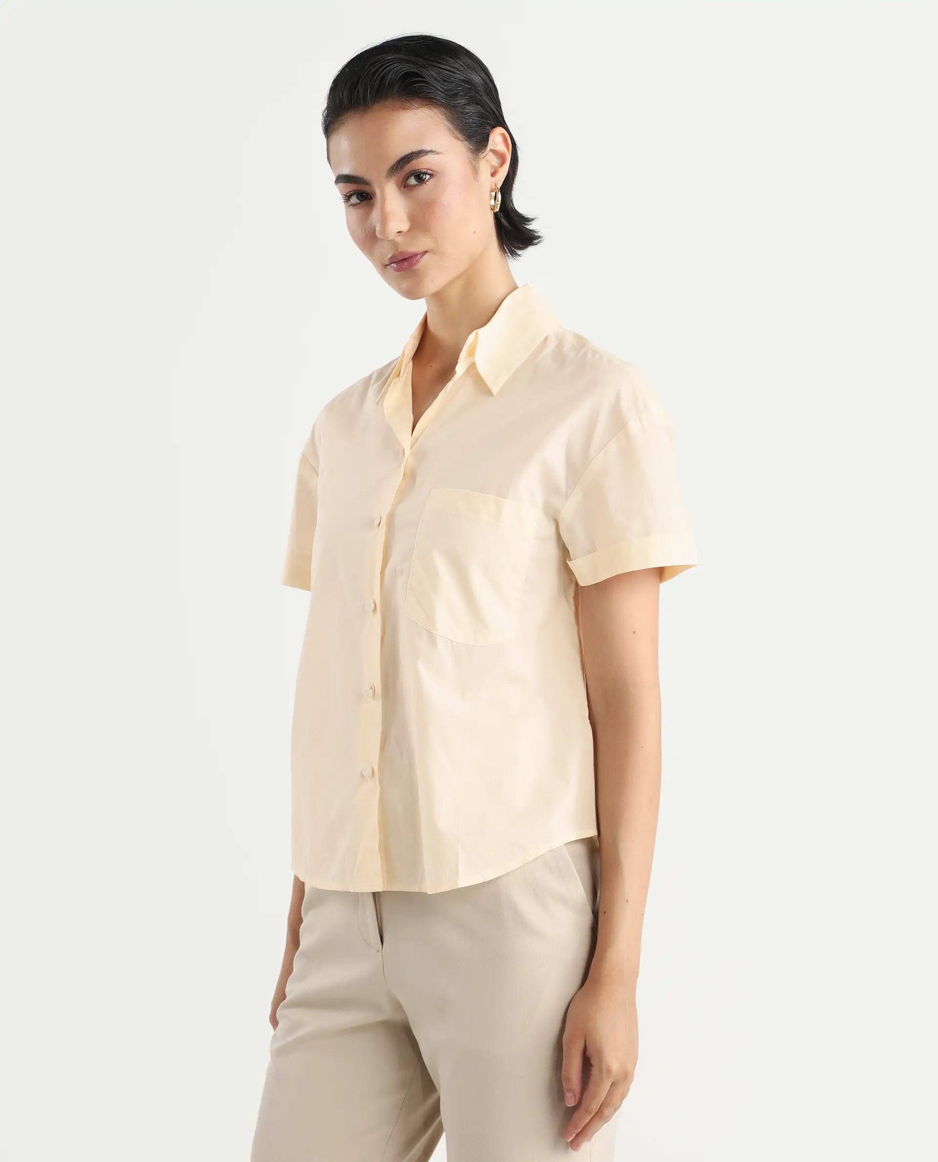 Rareism Women's Mium Beige Cotton Drop Collar Geometric Print Regular Fit Shirt - Image 5