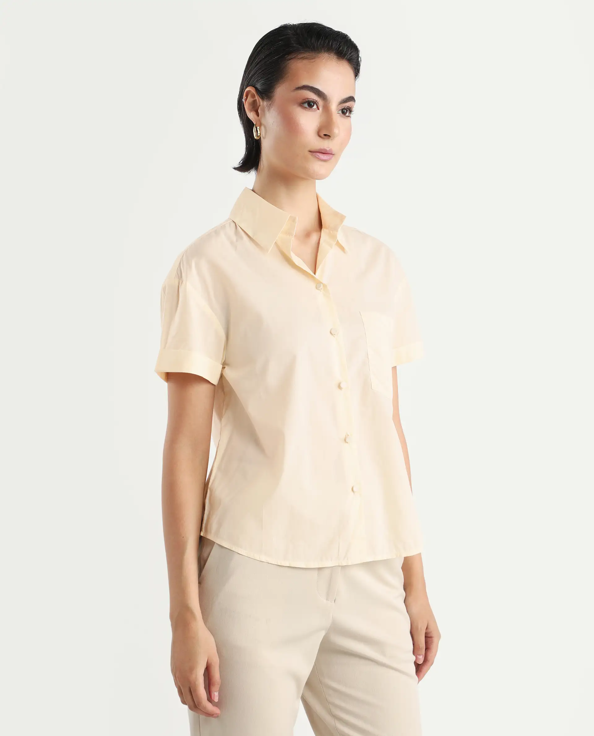 Rareism Women's Mium Beige Cotton Drop Collar Geometric Print Regular Fit Shirt - Image 6