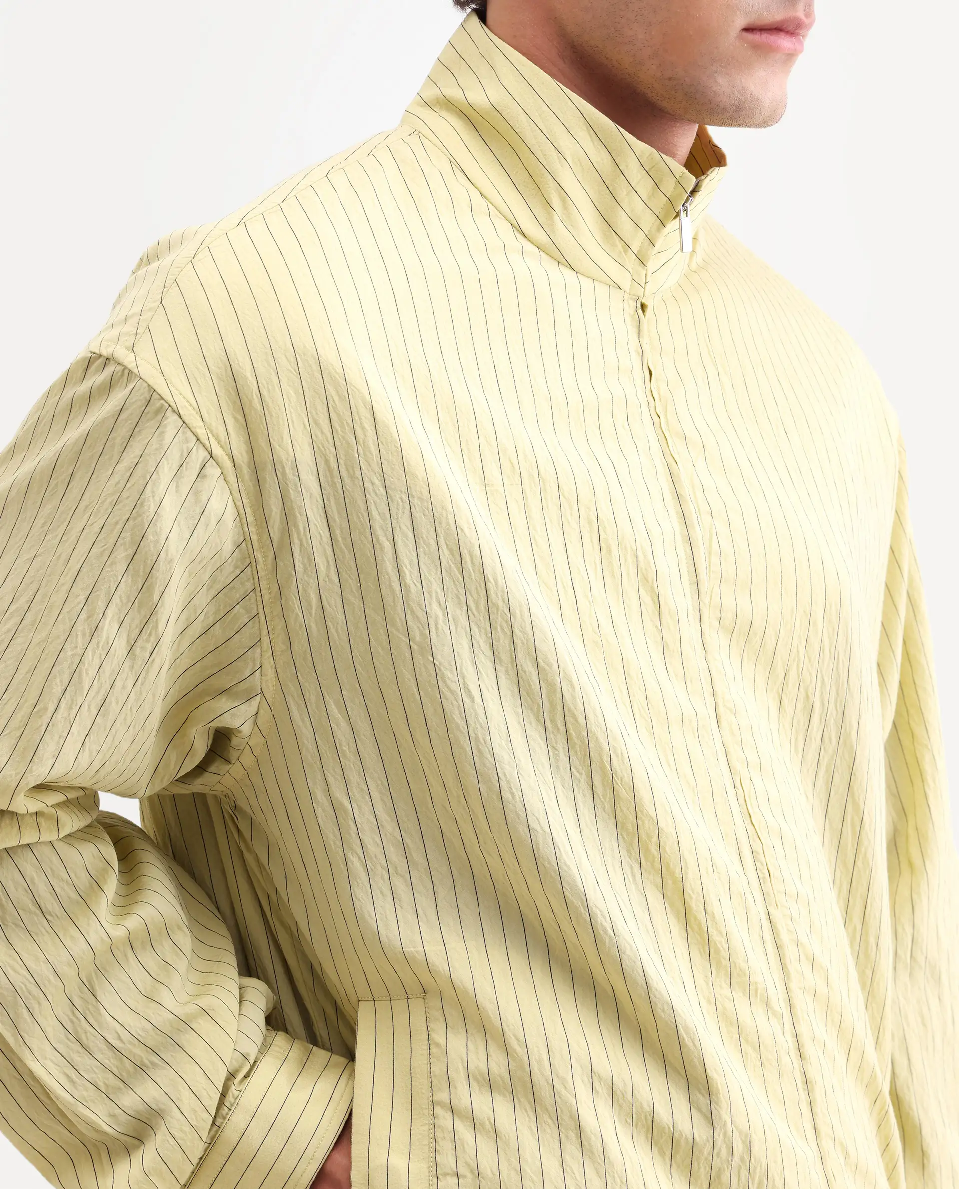 Rare Rabbit Men's Mivo Fluorescent Green Nylon Blend Fabric Full Sleeve High Neck Regular Fit Plain Shacket - Image 3