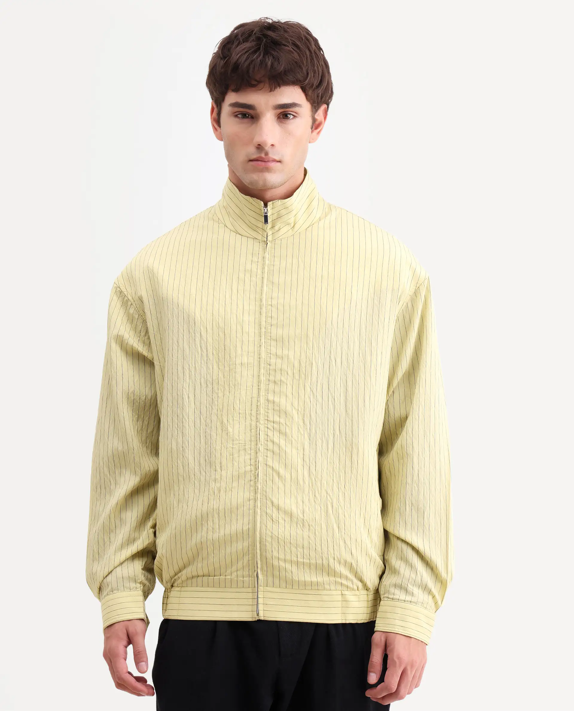 Rare Rabbit Men's Mivo Fluorescent Green Nylon Blend Fabric Full Sleeve High Neck Regular Fit Plain Shacket - Image 4