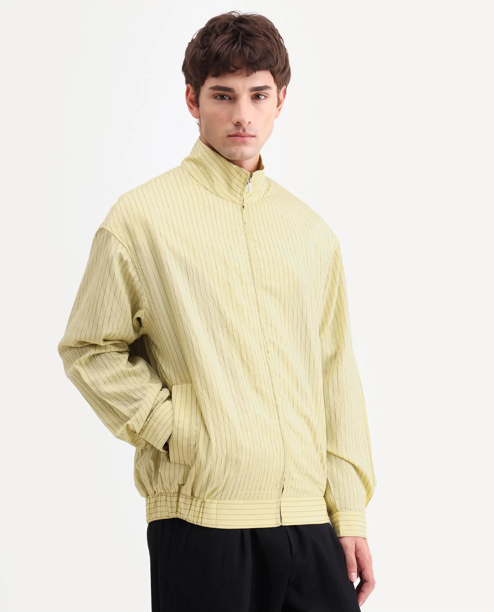 Rare Rabbit Men's Mivo Fluorescent Green Nylon Blend Fabric Full Sleeve High Neck Regular Fit Plain Shacket - Image 5