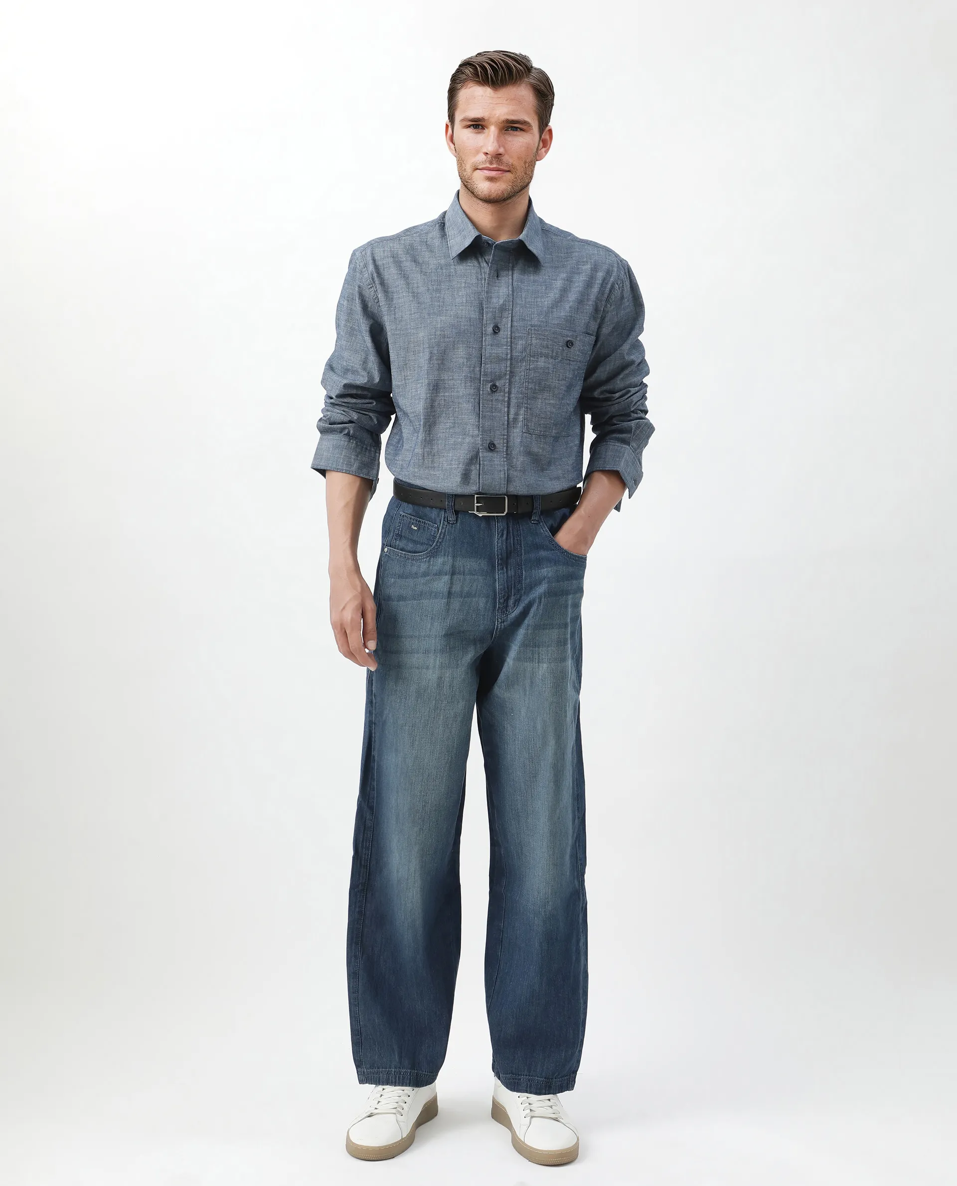 Rare Rabbit Men's Mivo Light Blue Cotton Plain Oversized Fit Full Sleeve Collared Shirt - Image 2
