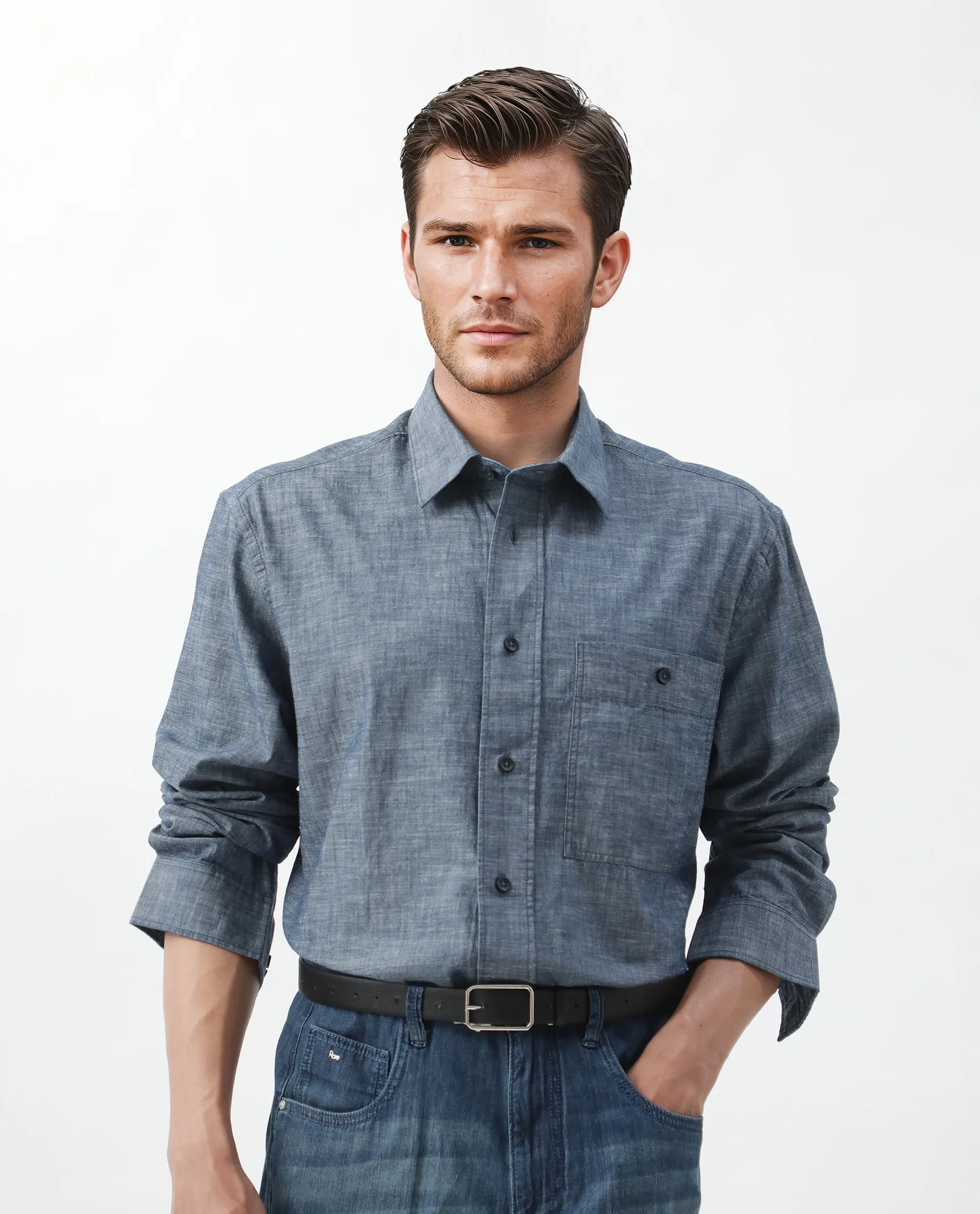 Rare Rabbit Men's Mivo Light Blue Cotton Plain Oversized Fit Full Sleeve Collared Shirt - Image 3