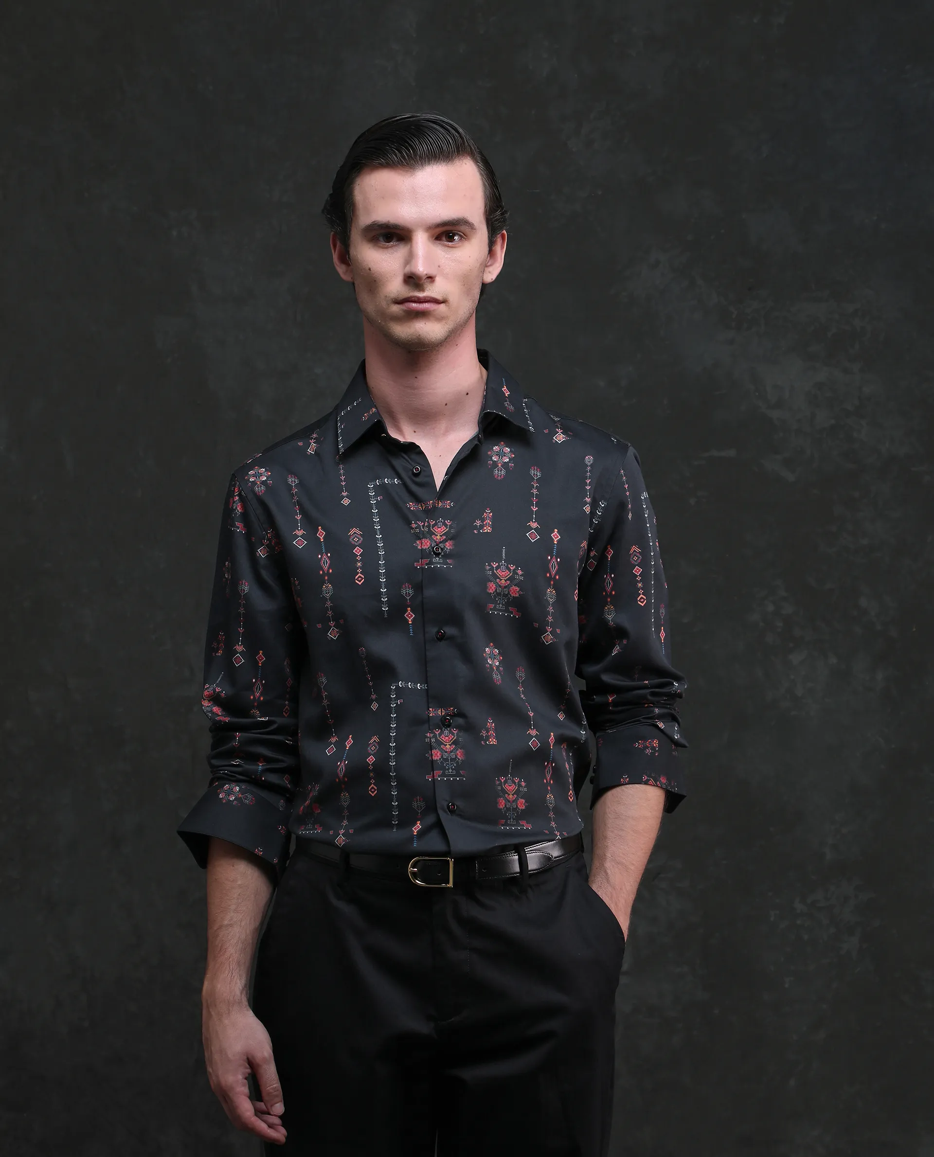 Rare Rabbit Men's Mivor Black Cotton Blend Fabric Full Sleeves Collared Neck Button Closure Art Decor Print Shirt