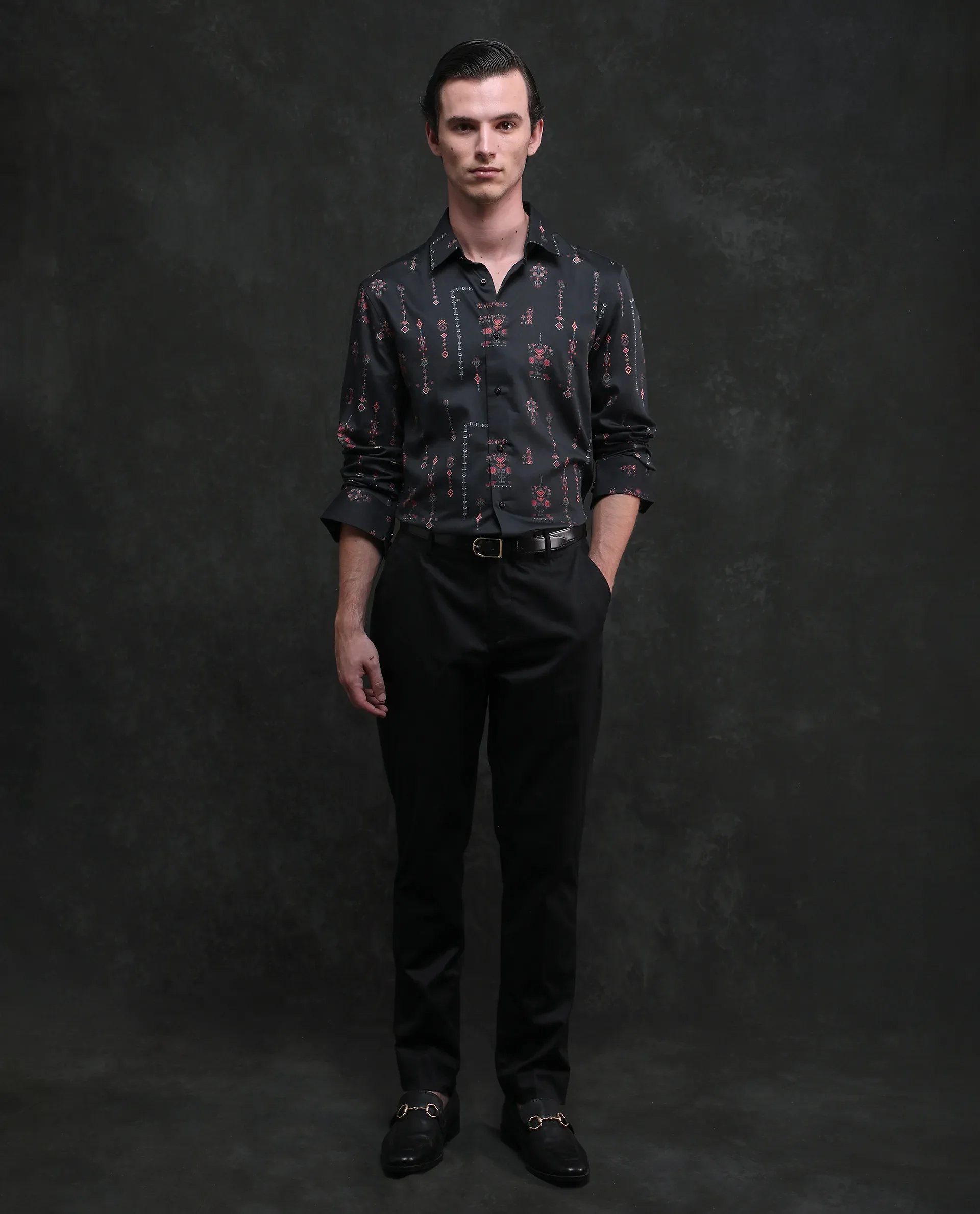 Rare Rabbit Men's Mivor Black Cotton Blend Fabric Full Sleeves Collared Neck Button Closure Art Decor Print Shirt - Image 2