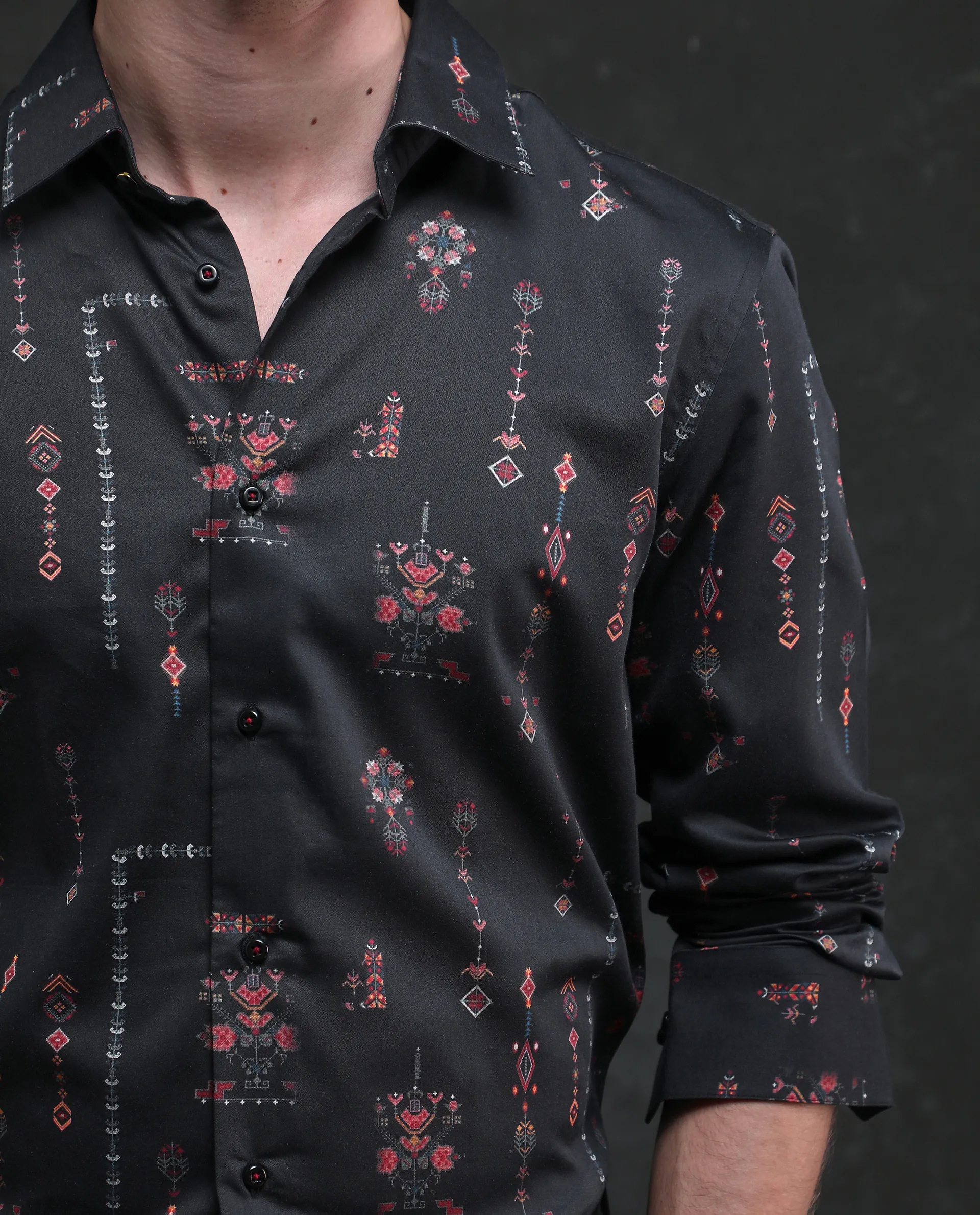 Rare Rabbit Men's Mivor Black Cotton Blend Fabric Full Sleeves Collared Neck Button Closure Art Decor Print Shirt - Image 3