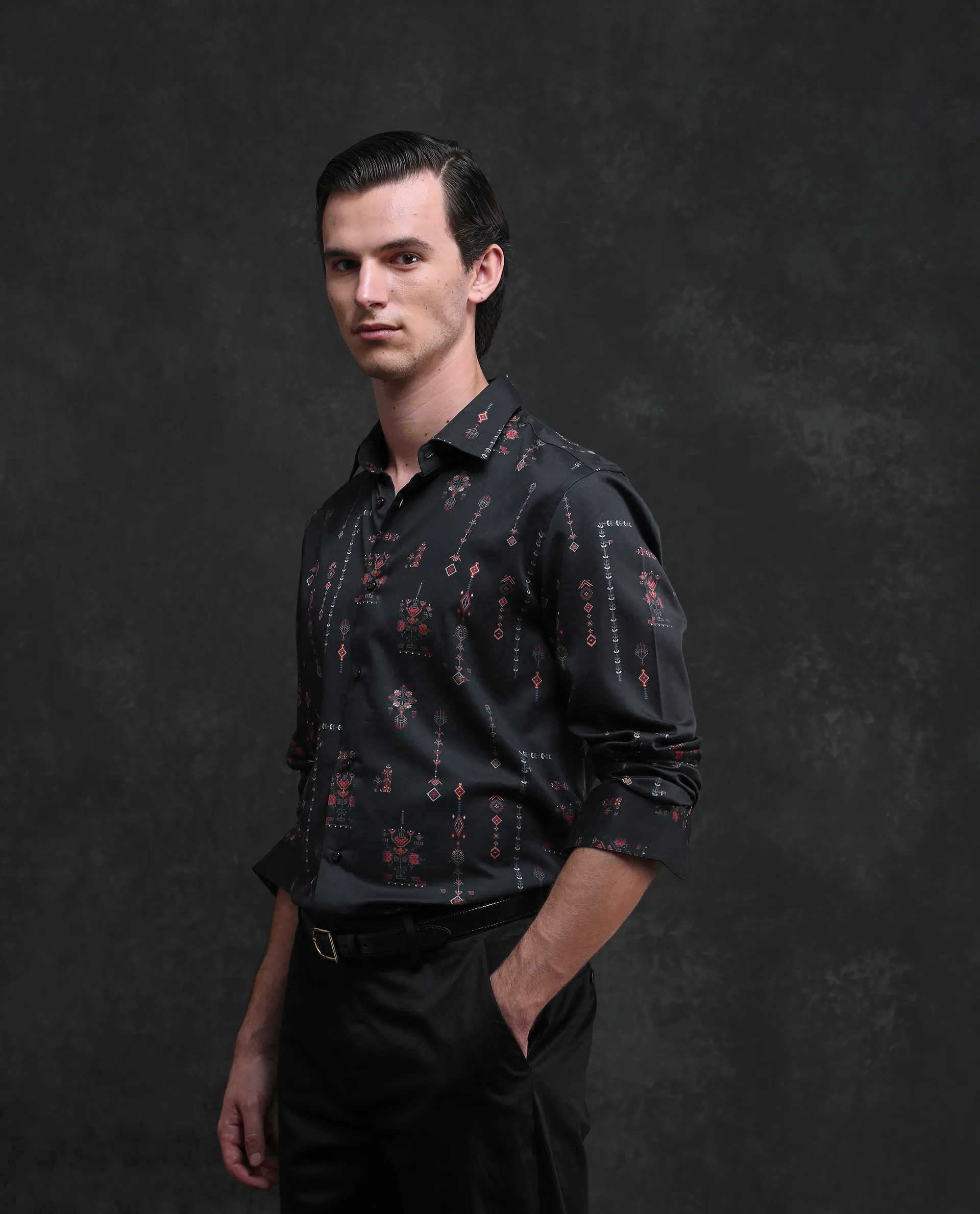 Rare Rabbit Men's Mivor Black Cotton Blend Fabric Full Sleeves Collared Neck Button Closure Art Decor Print Shirt - Image 5