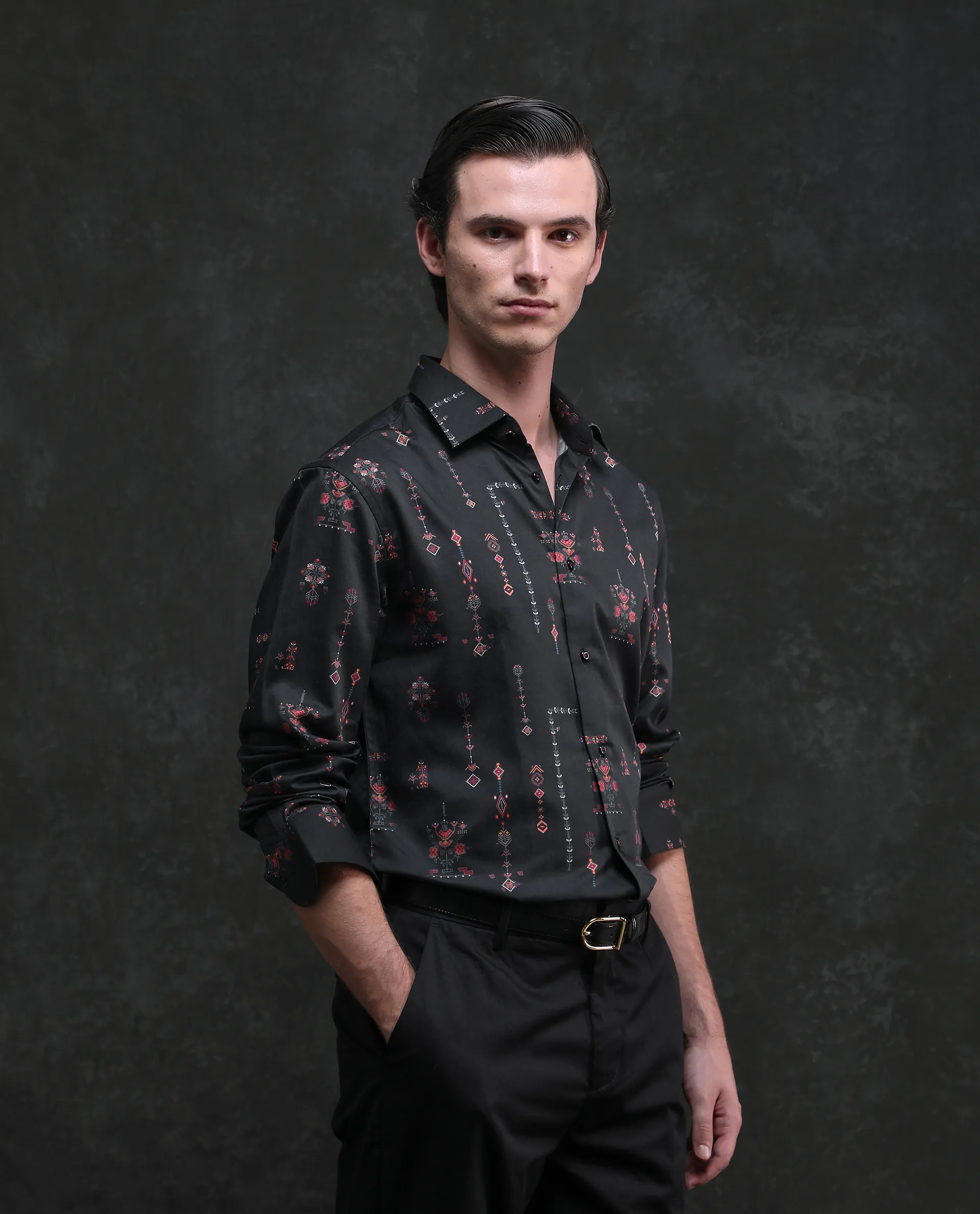 Rare Rabbit Men's Mivor Black Cotton Blend Fabric Full Sleeves Collared Neck Button Closure Art Decor Print Shirt - Image 6
