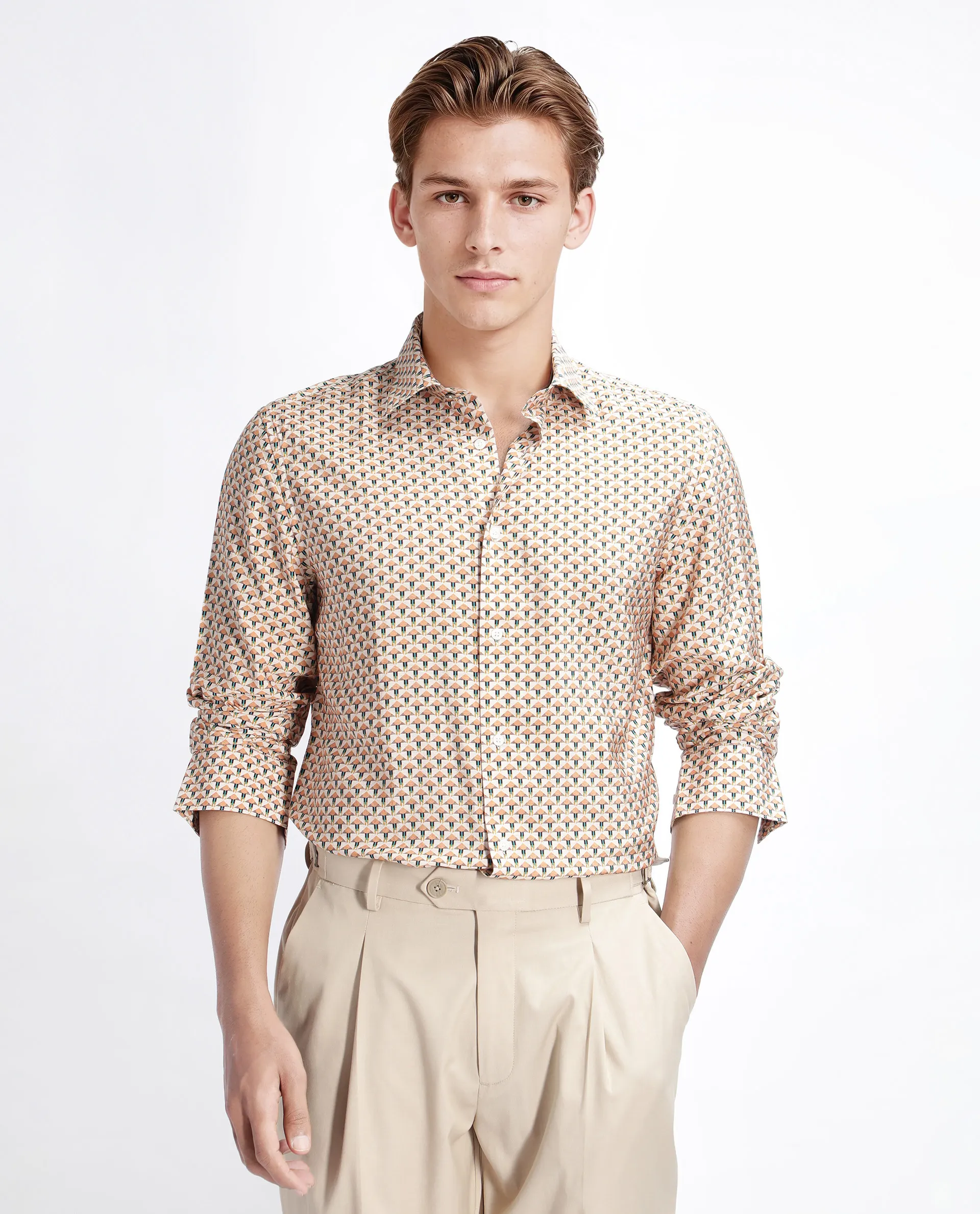 Rare Rabbit Men's Miz Beige Viscose Blend Geometric Print Regular Fit Full Sleeve Collared Shirt
