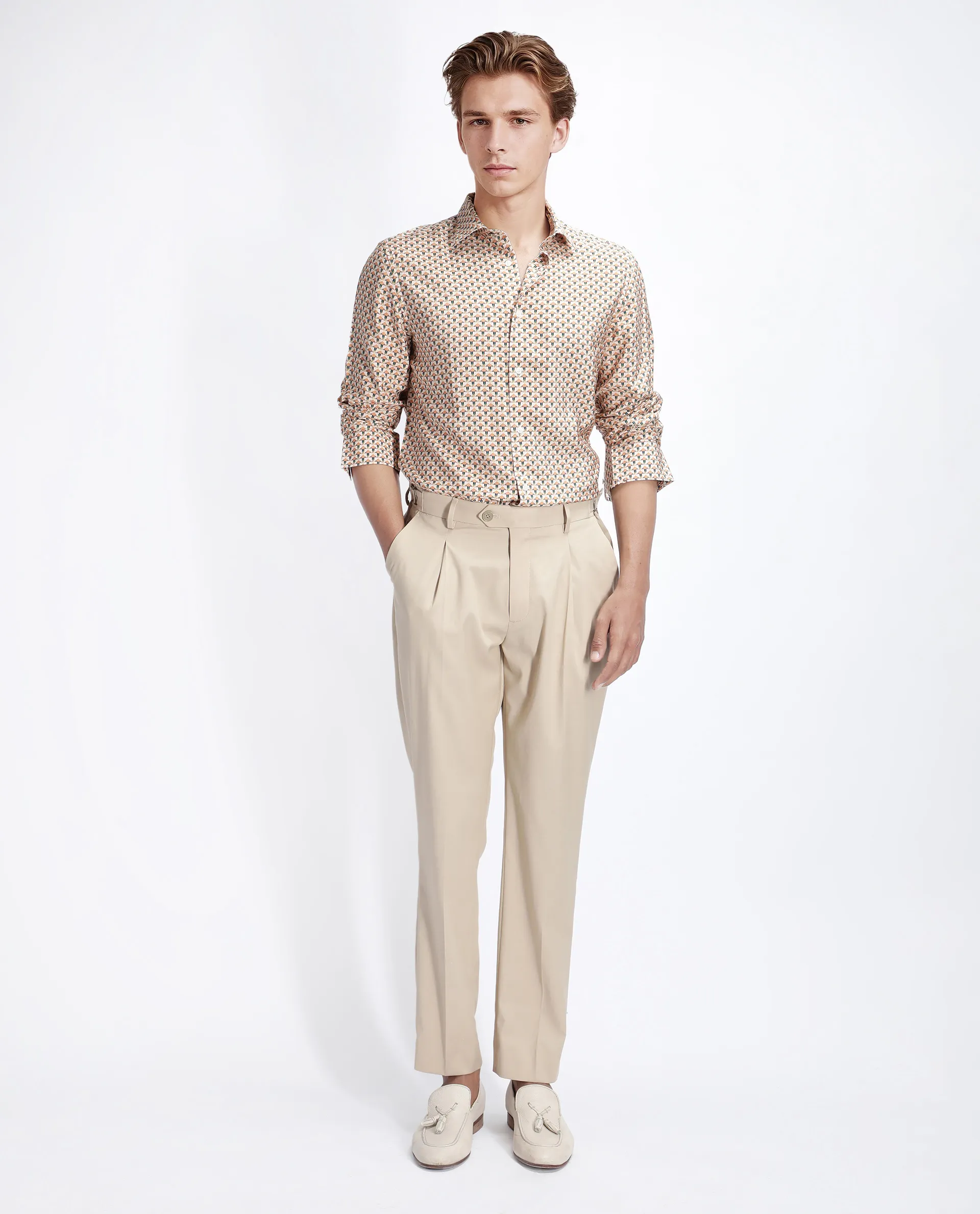 Rare Rabbit Men's Miz Beige Viscose Blend Geometric Print Regular Fit Full Sleeve Collared Shirt - Image 2