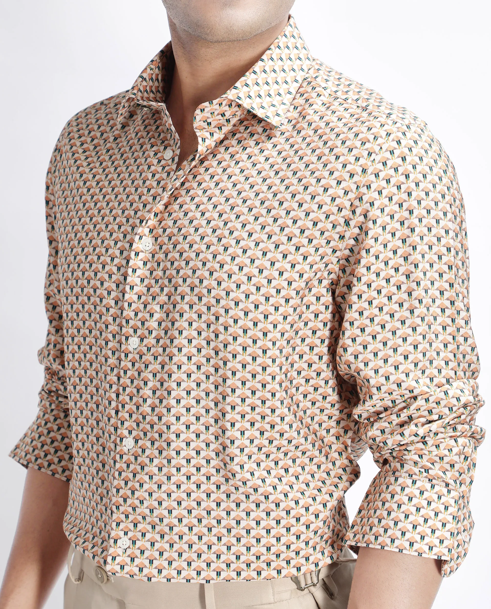 Rare Rabbit Men's Miz Beige Viscose Blend Geometric Print Regular Fit Full Sleeve Collared Shirt - Image 3