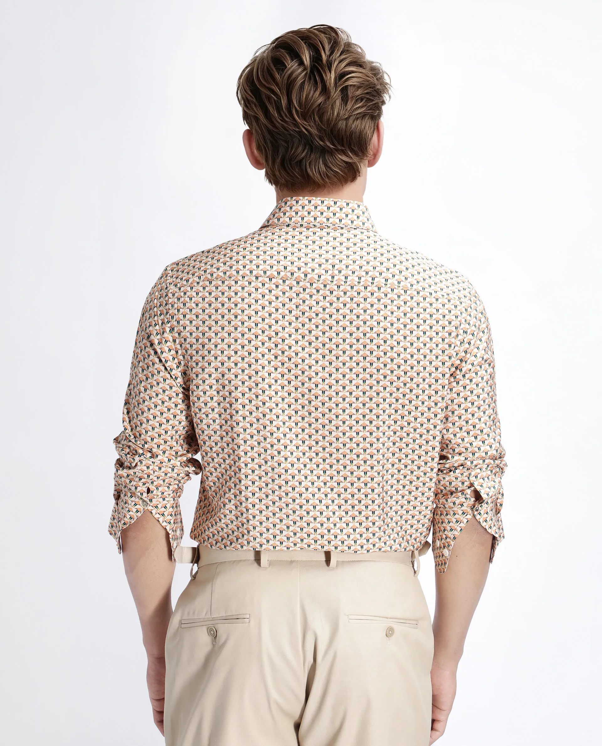 Rare Rabbit Men's Miz Beige Viscose Blend Geometric Print Regular Fit Full Sleeve Collared Shirt - Image 4