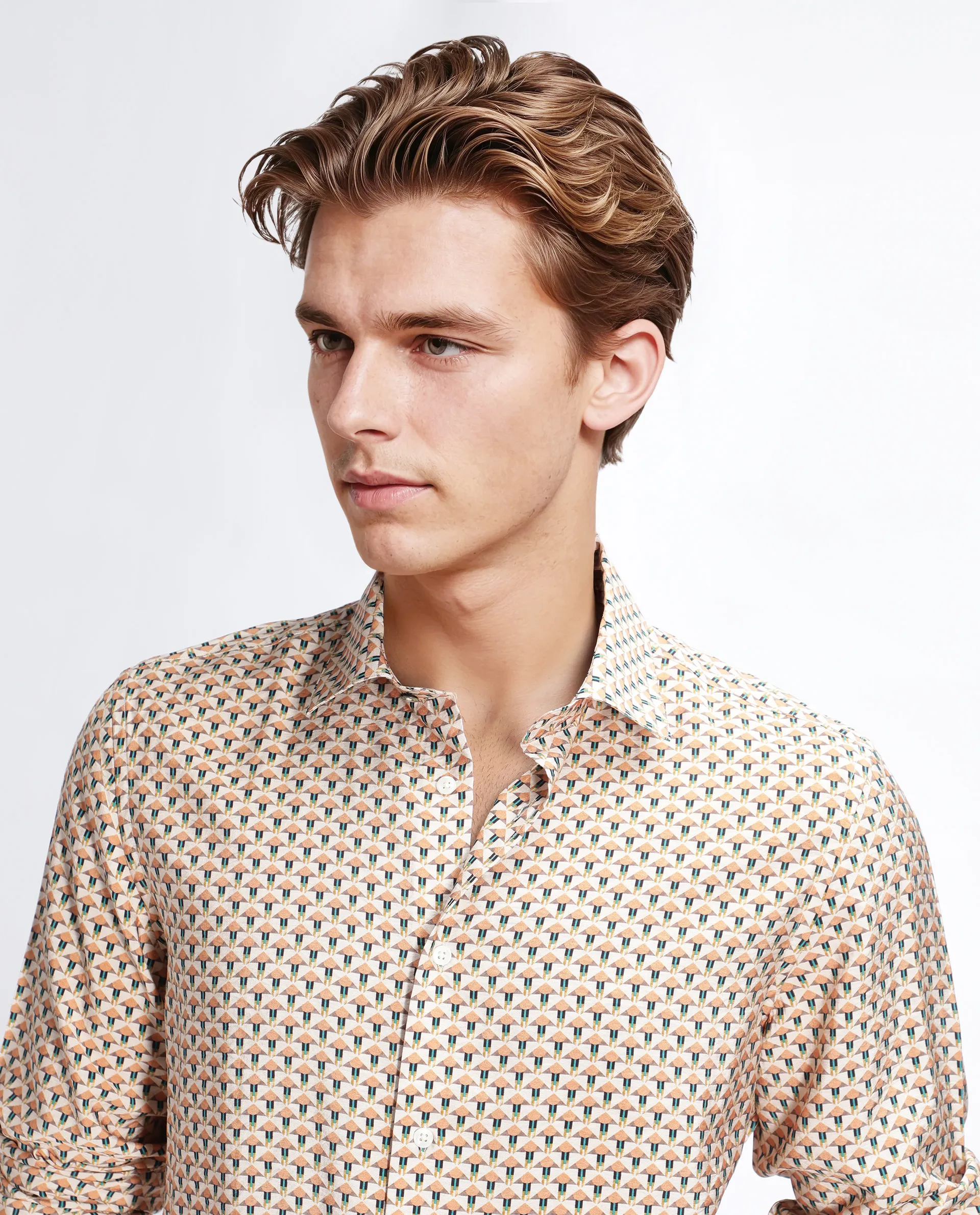 Rare Rabbit Men's Miz Beige Viscose Blend Geometric Print Regular Fit Full Sleeve Collared Shirt - Image 5
