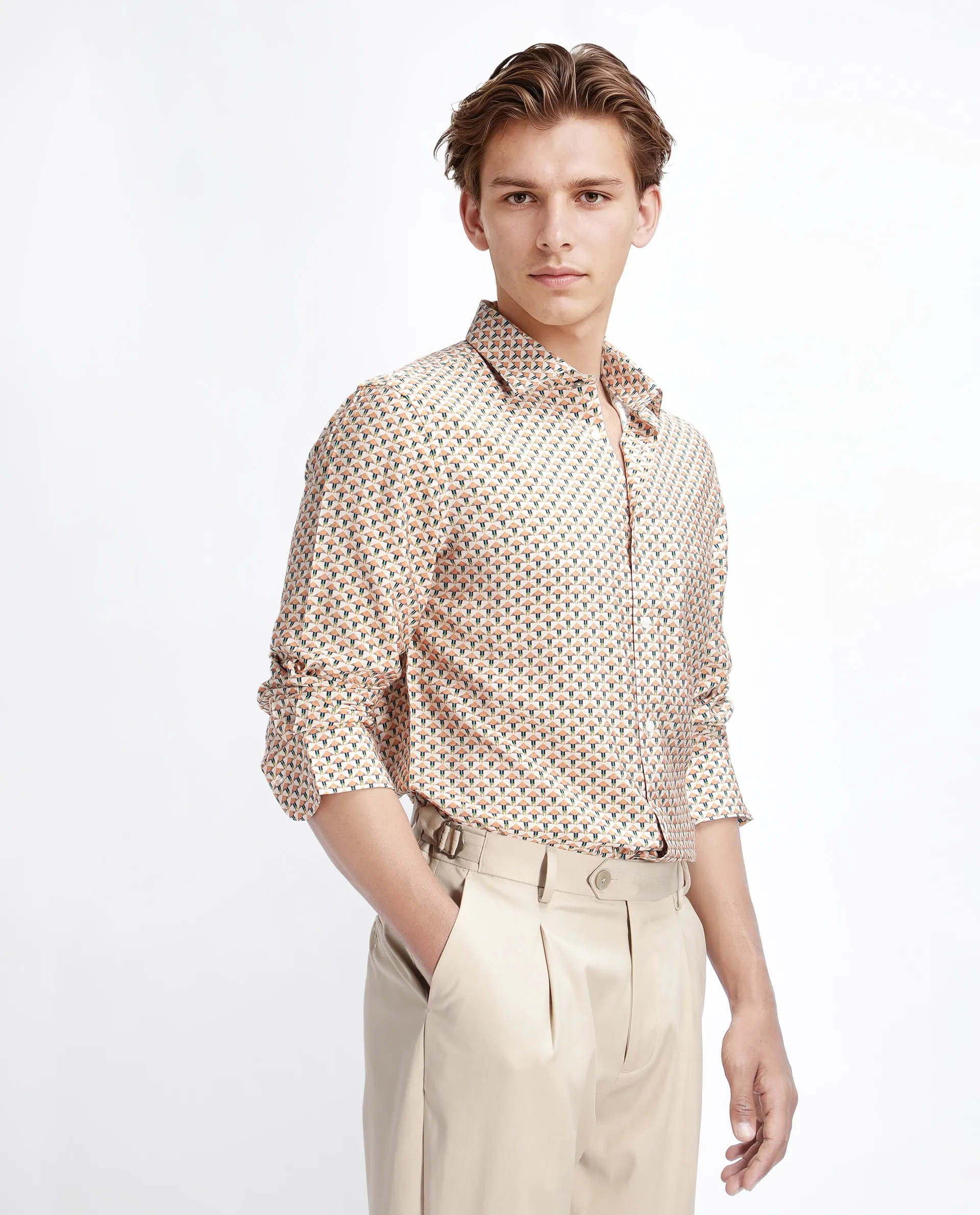 Rare Rabbit Men's Miz Beige Viscose Blend Geometric Print Regular Fit Full Sleeve Collared Shirt - Image 6