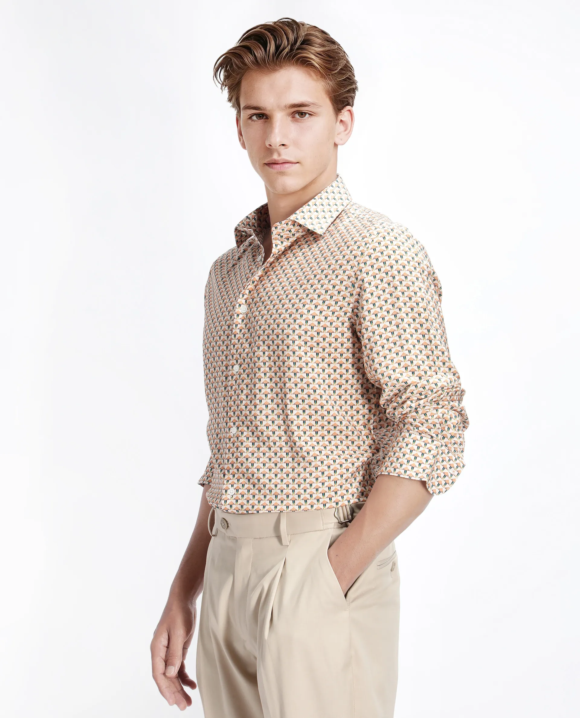 Rare Rabbit Men's Miz Beige Viscose Blend Geometric Print Regular Fit Full Sleeve Collared Shirt - Image 7