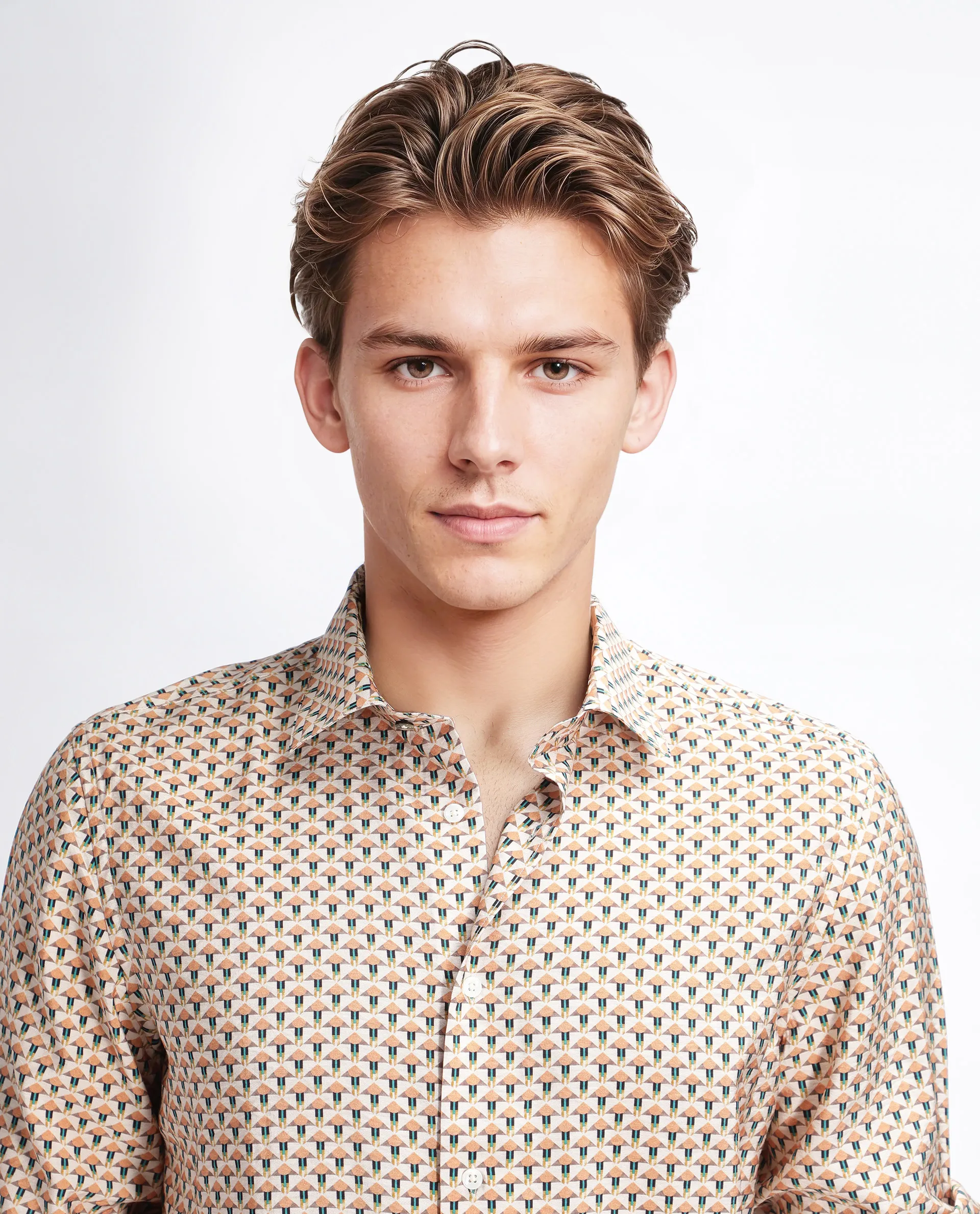 Rare Rabbit Men's Miz Beige Viscose Blend Geometric Print Regular Fit Full Sleeve Collared Shirt - Image 8