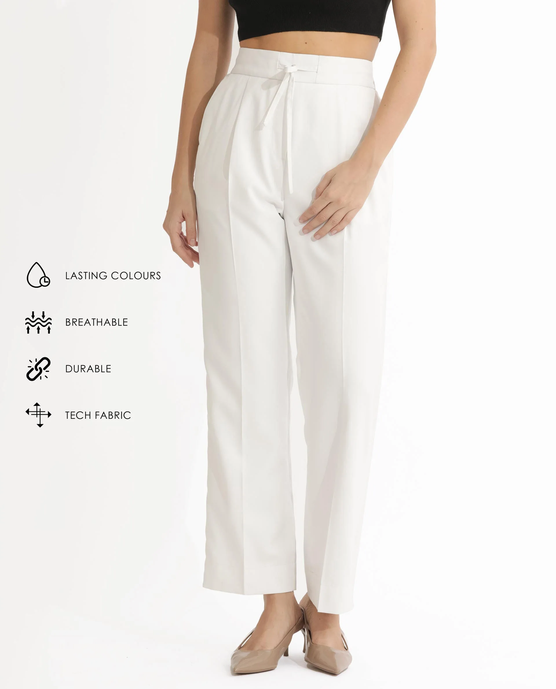 Rareism Women's Miza Off White Cotton Plain Ankle Length Straight Fit Trouser - Image 2