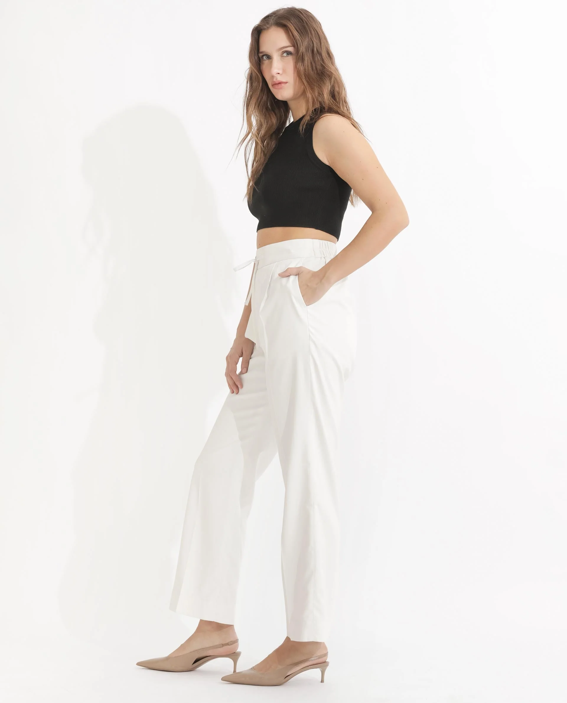Rareism Women's Miza Off White Cotton Plain Ankle Length Straight Fit Trouser - Image 8
