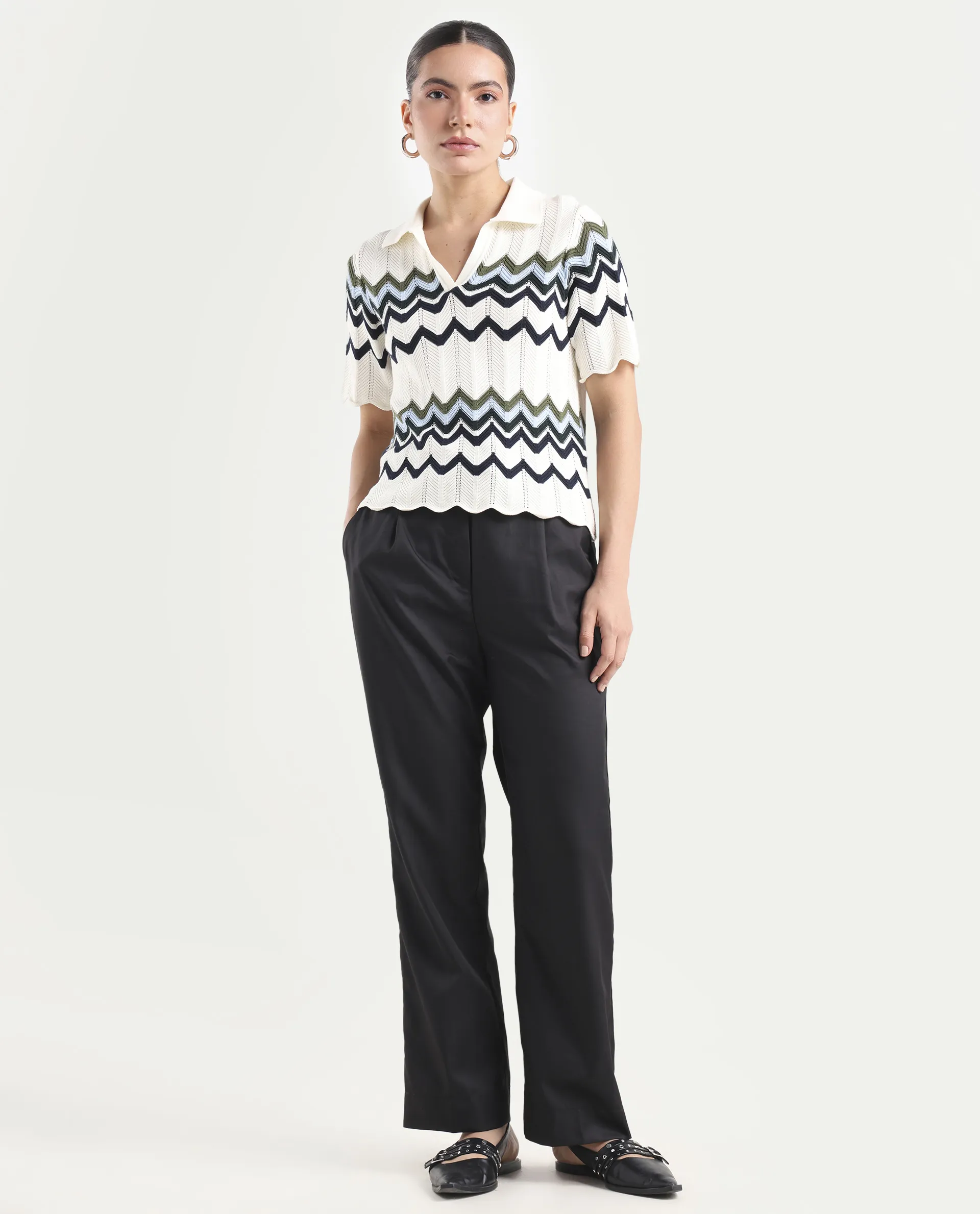 Rareism Women's Miza Black Cotton Plain Ankle Length Straight Fit Trouser - Image 2