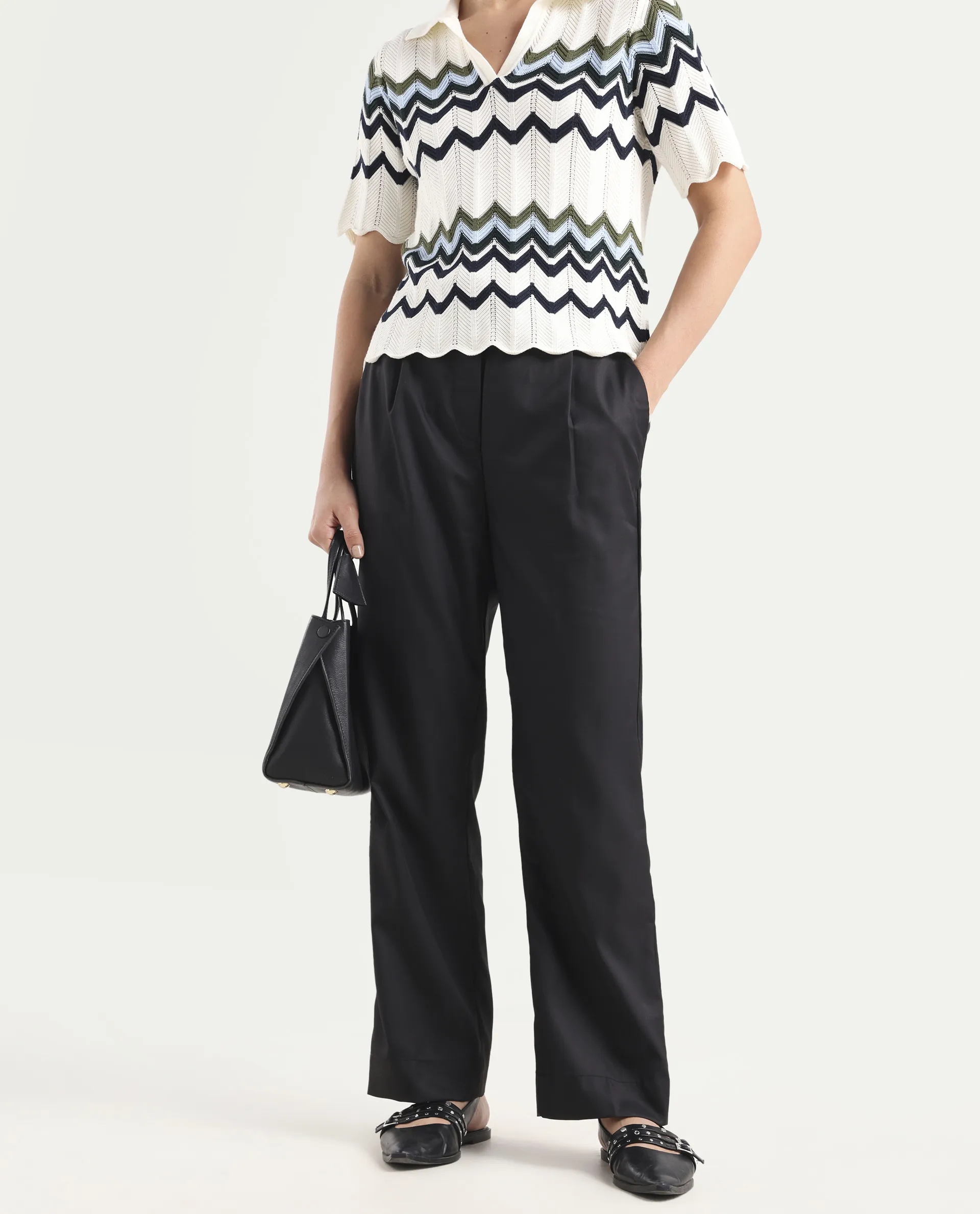 Rareism Women's Miza Black Cotton Plain Ankle Length Straight Fit Trouser - Image 3