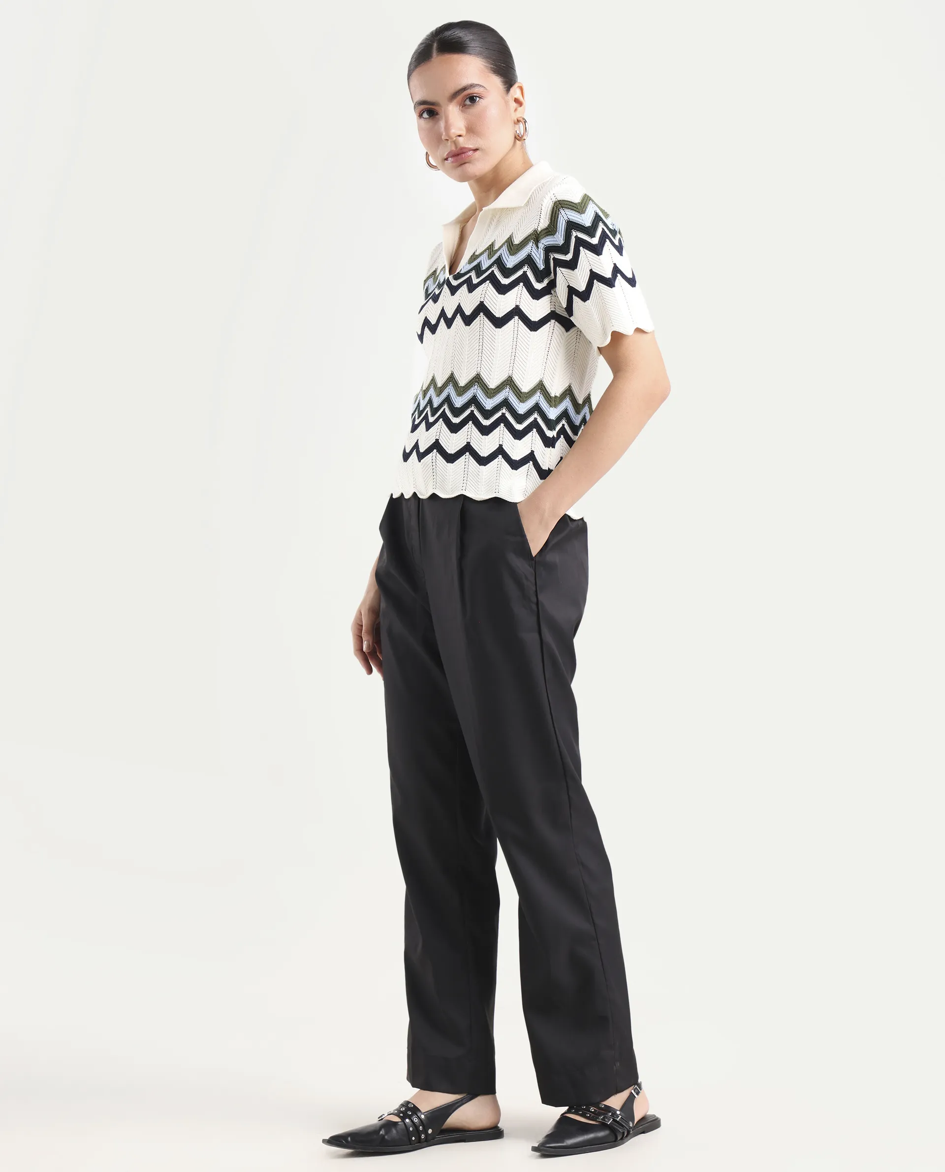 Rareism Women's Miza Black Cotton Plain Ankle Length Straight Fit Trouser - Image 5
