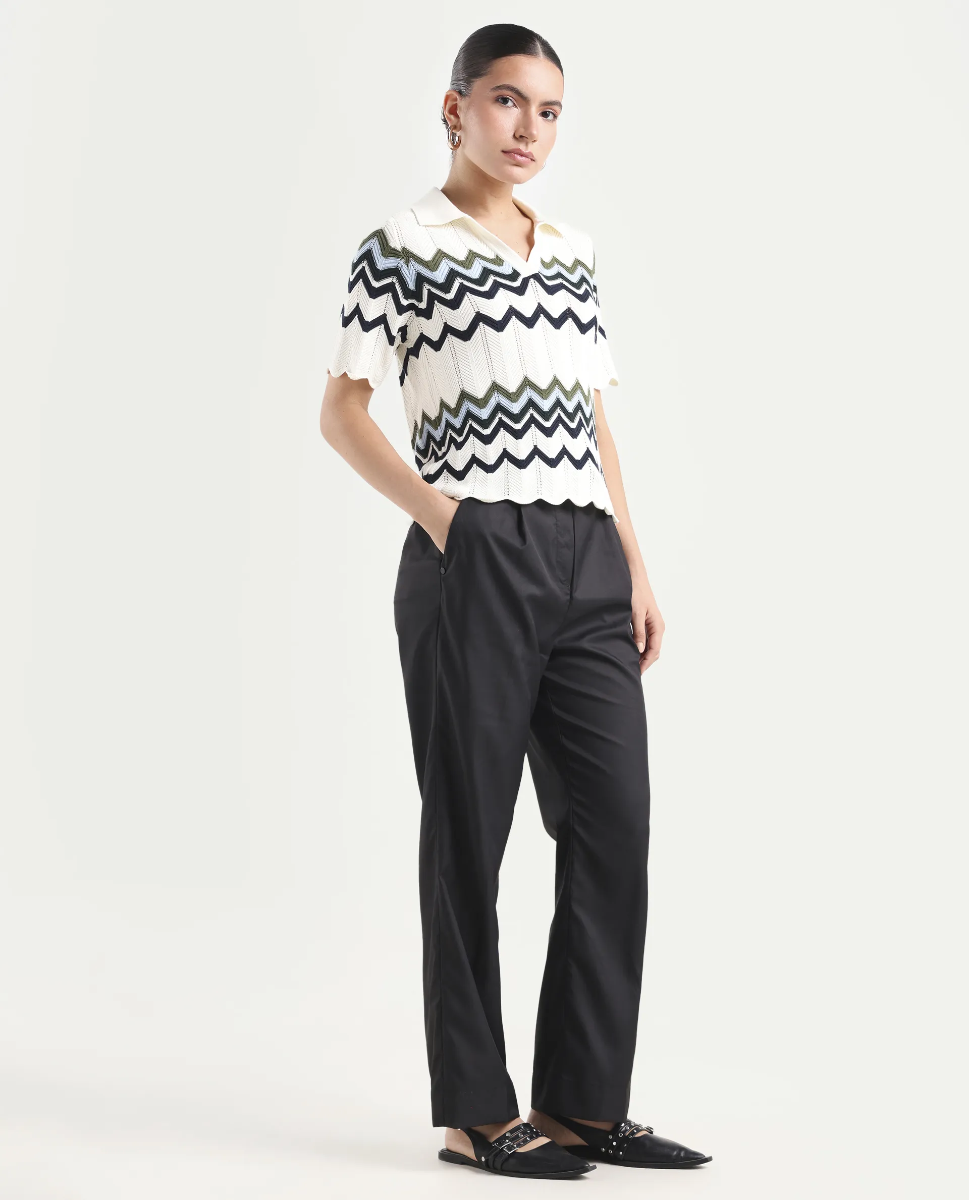 Rareism Women's Miza Black Cotton Plain Ankle Length Straight Fit Trouser - Image 6