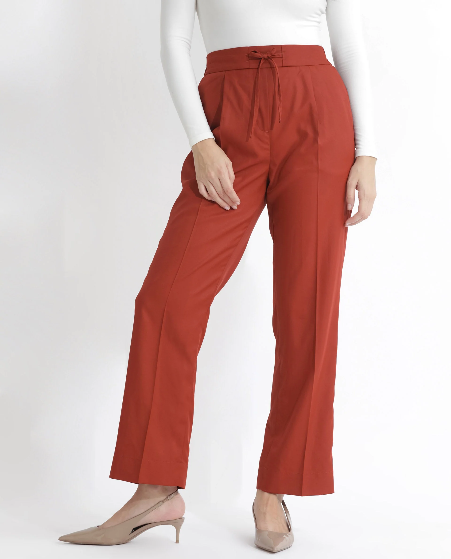 Rareism Women's Miza Orange Cotton Plain Ankle Length Straight Fit Trouser